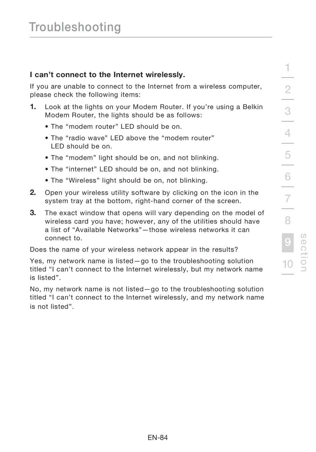 Belkin F5D8631-4 user manual Can’t connect to the Internet wirelessly 