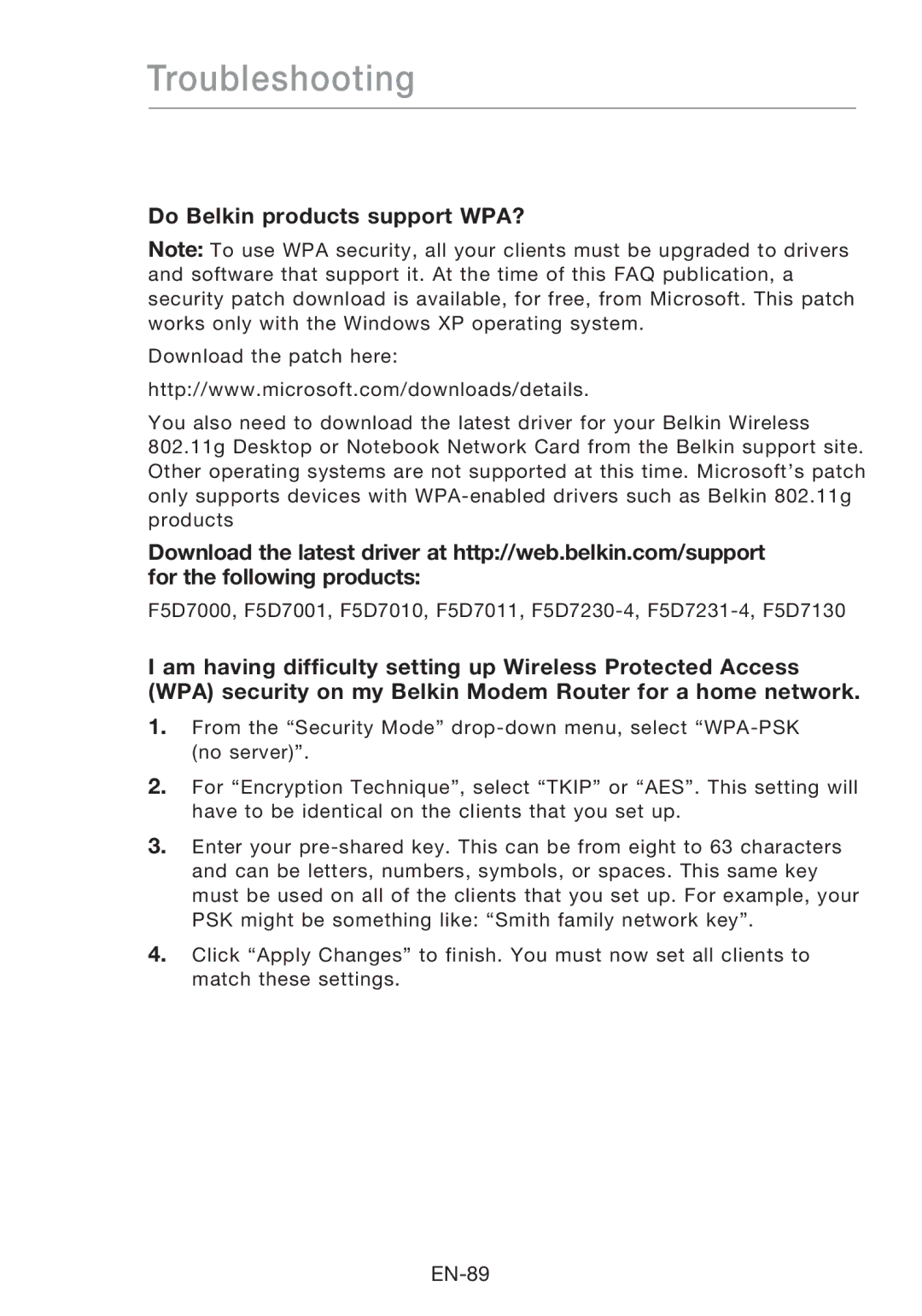 Belkin F5D8631-4 user manual Do Belkin products support WPA? 