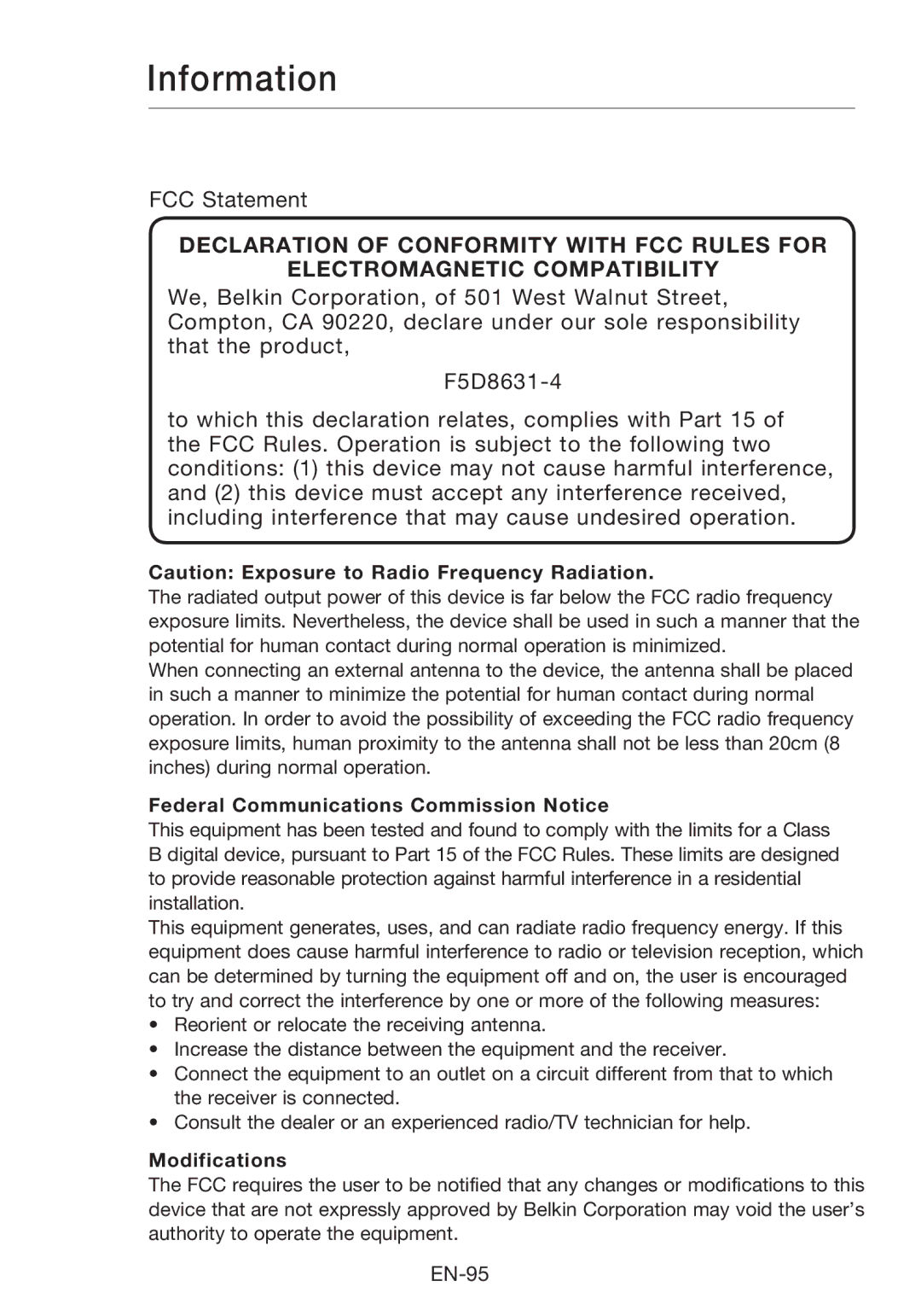 Belkin F5D8631-4 user manual Information, Federal Communications Commission Notice, Modifications 