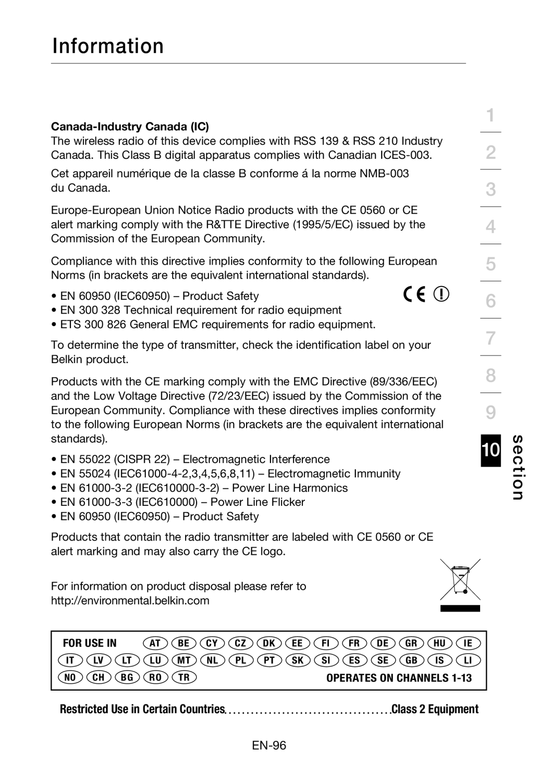 Belkin F5D8631-4 user manual Canada-Industry Canada IC 