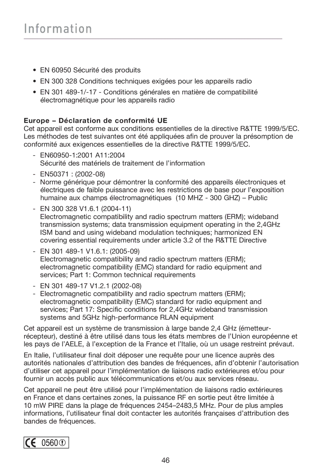 Belkin F5D9000 user manual Europe Déclaration de conformité UE 