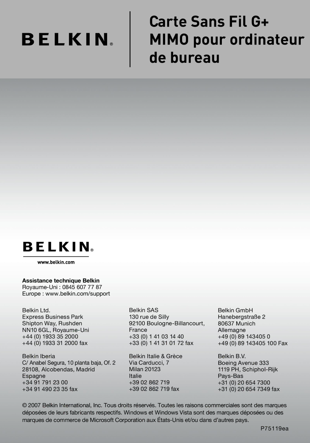 Belkin F5D9000 user manual Assistance technique Belkin 