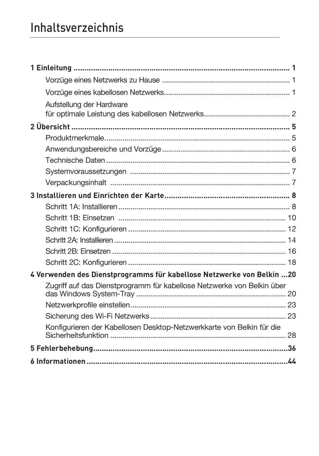 Belkin F5D9000 user manual Inhaltsverzeichnis, Einleitung, Übersicht, Installieren und Einrichten der Karte 