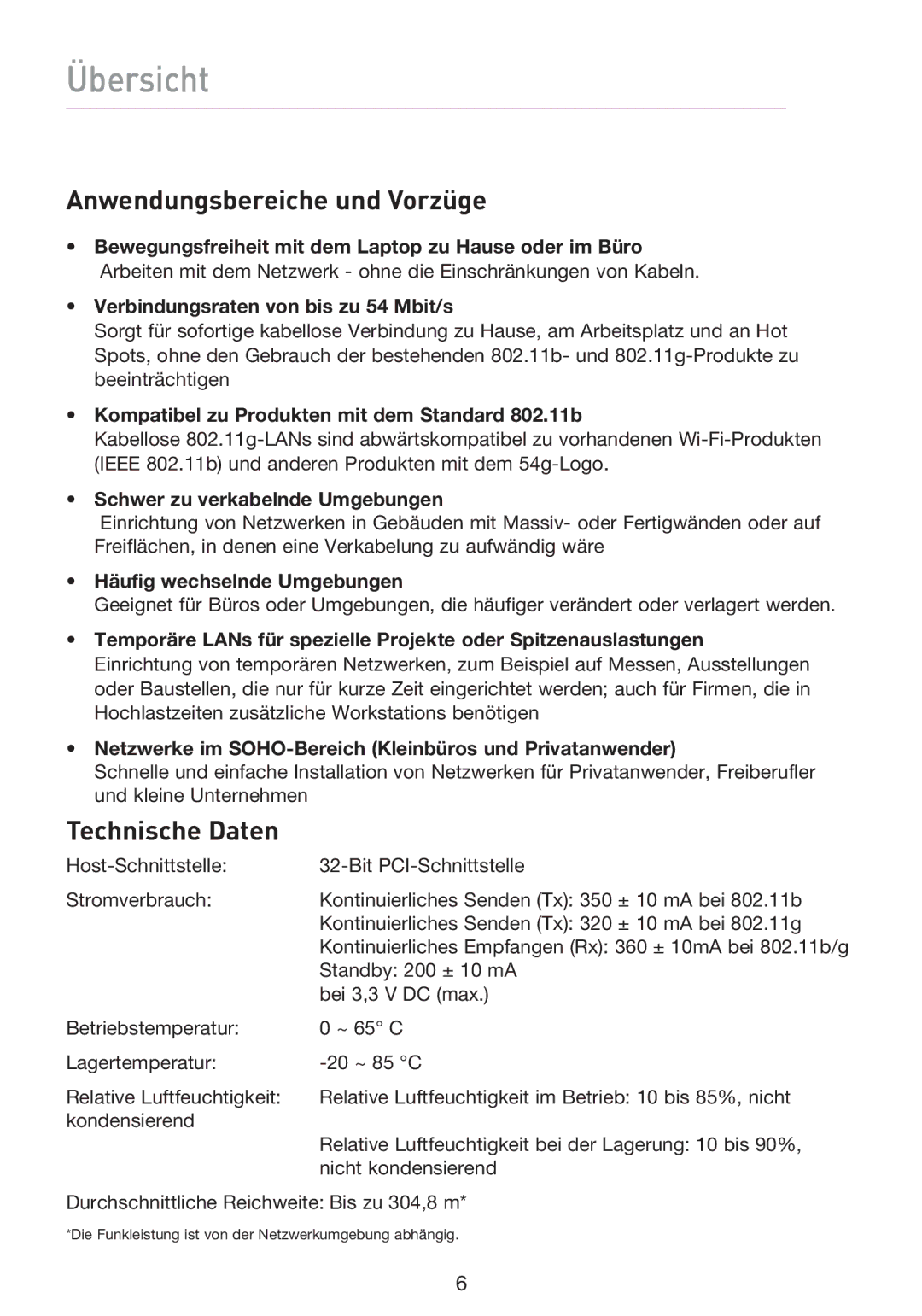 Belkin F5D9000 user manual Übersicht, Anwendungsbereiche und Vorzüge, Technische Daten 