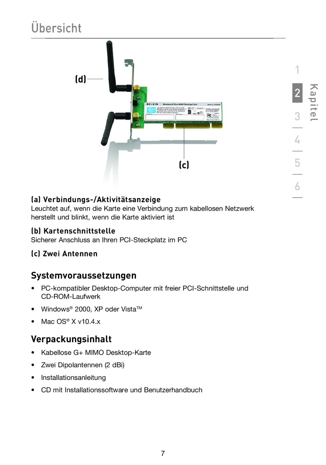 Belkin F5D9000 user manual Systemvoraussetzungen, Verpackungsinhalt, Verbindungs-/Aktivitätsanzeige, Kartenschnittstelle 