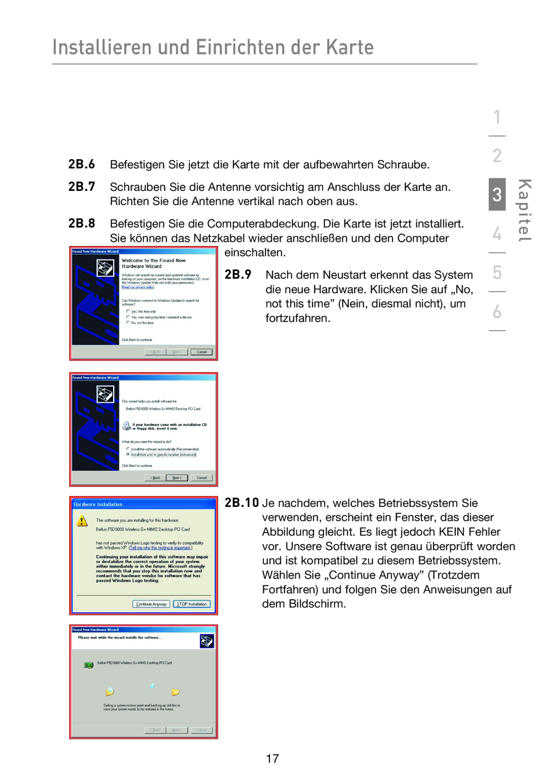 Belkin F5D9000 user manual Installieren und Einrichten der Karte 