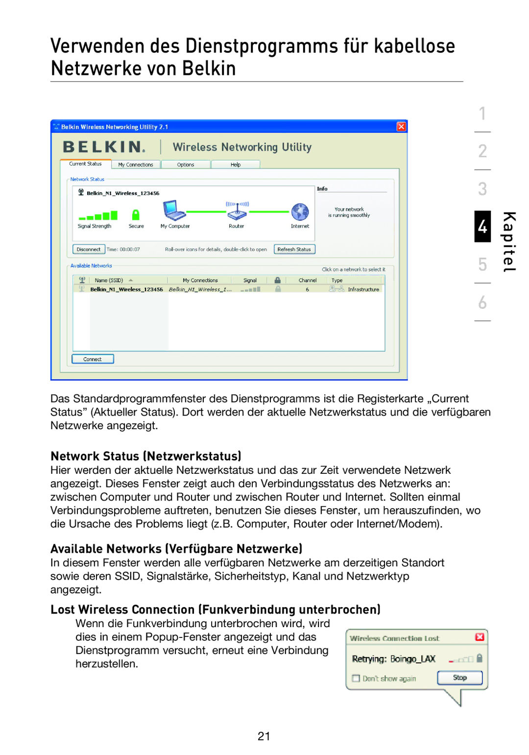 Belkin F5D9000 user manual Network Status Netzwerkstatus, Available Networks Verfügbare Netzwerke 