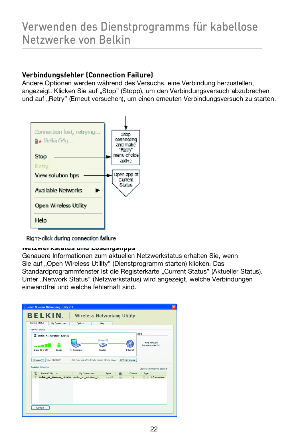 Belkin F5D9000 user manual Verbindungsfehler Connection Failure, Netzwerkstatus und Lösungstipps 