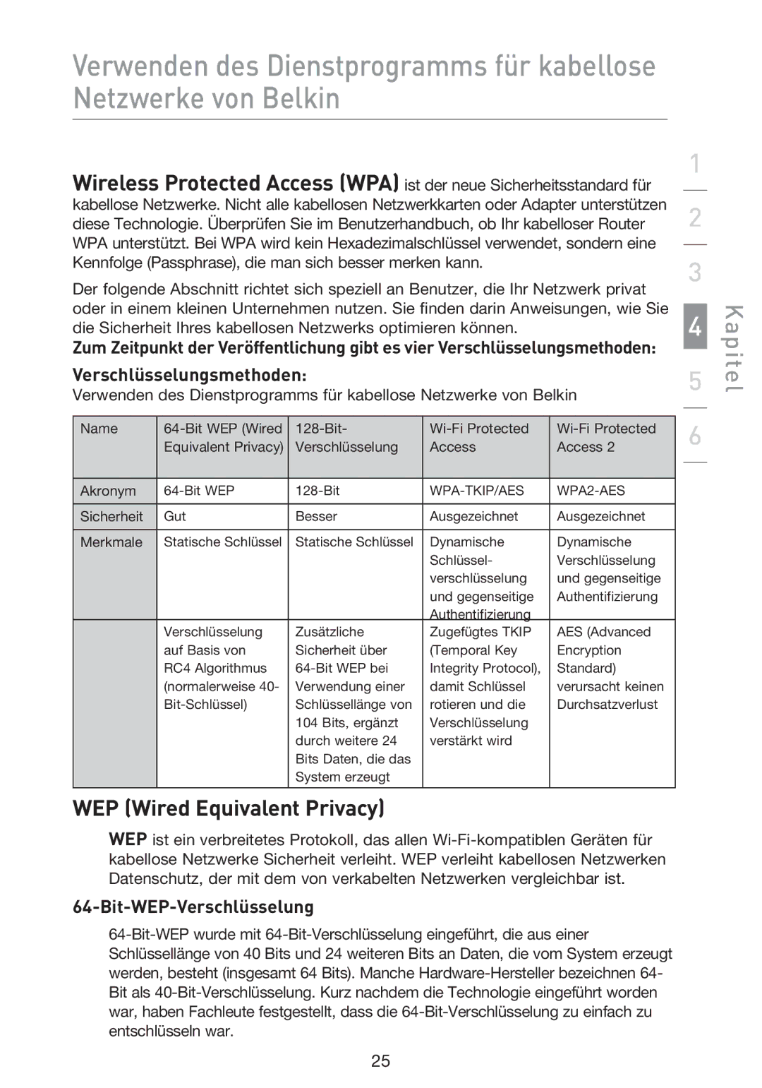 Belkin F5D9000 user manual Verschlüsselungsmethoden, Bit-WEP-Verschlüsselung 