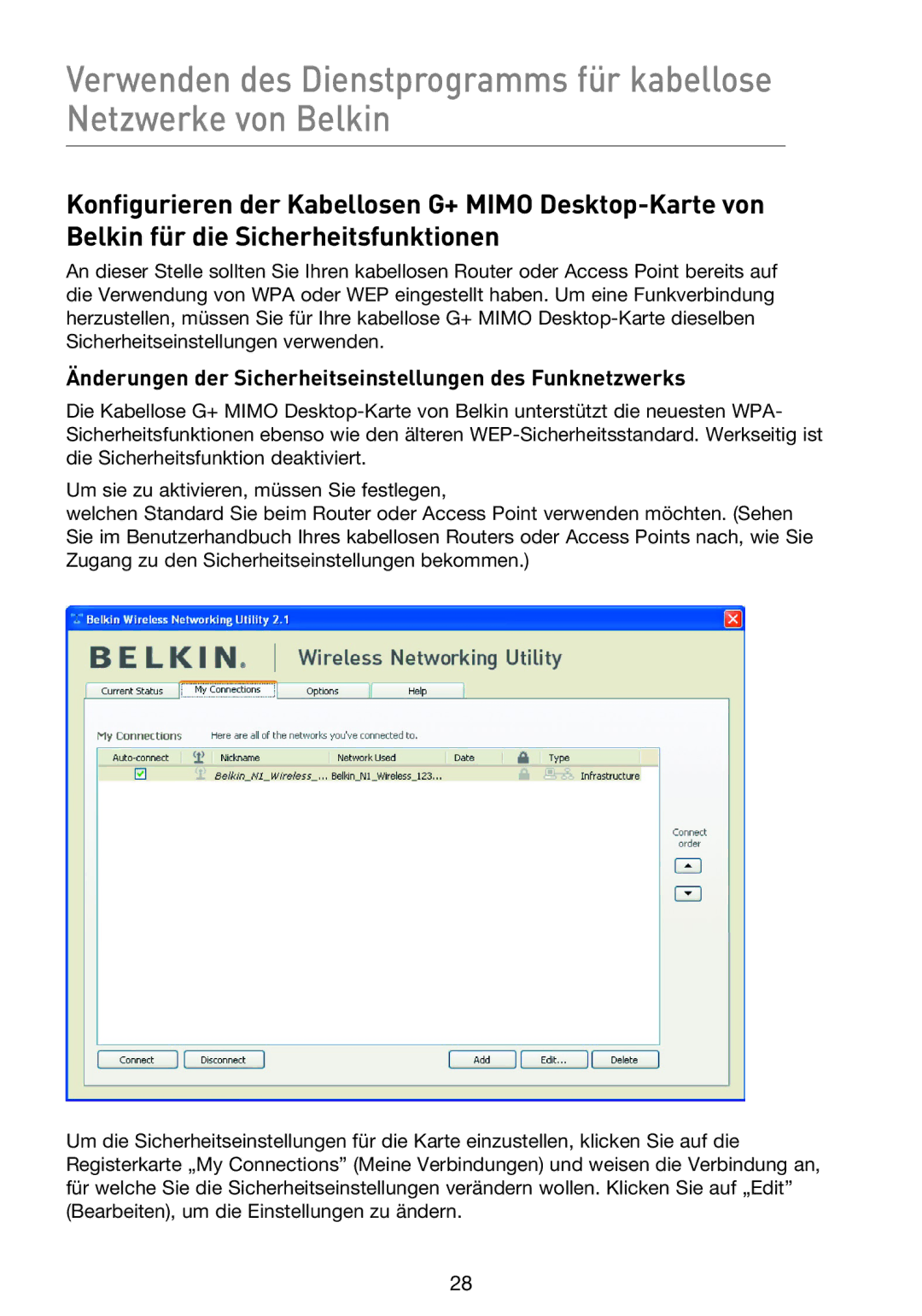 Belkin F5D9000 user manual Änderungen der Sicherheitseinstellungen des Funknetzwerks 