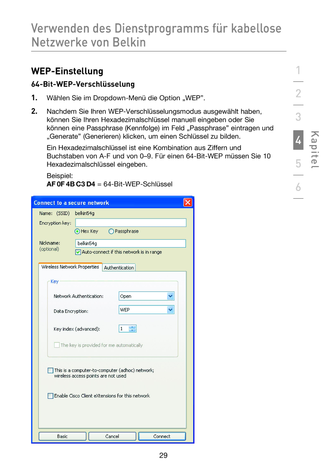 Belkin F5D9000 user manual WEP-Einstellung, Bit-WEP-Verschlüsselung 