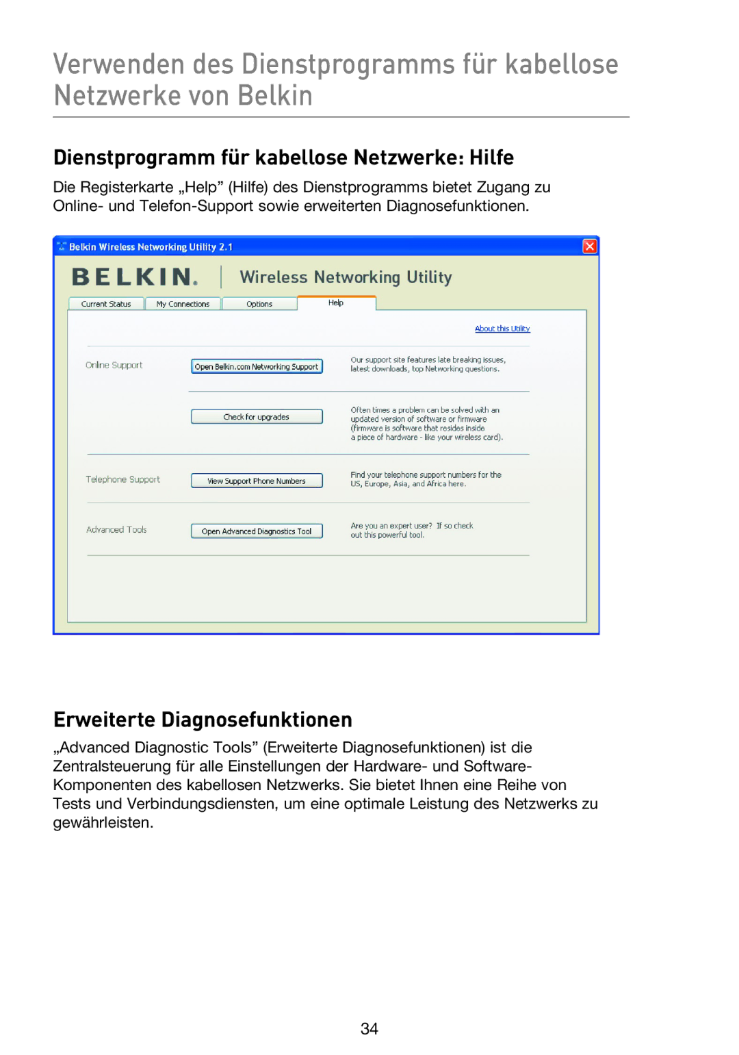 Belkin F5D9000 user manual Dienstprogramm für kabellose Netzwerke Hilfe, Erweiterte Diagnosefunktionen 