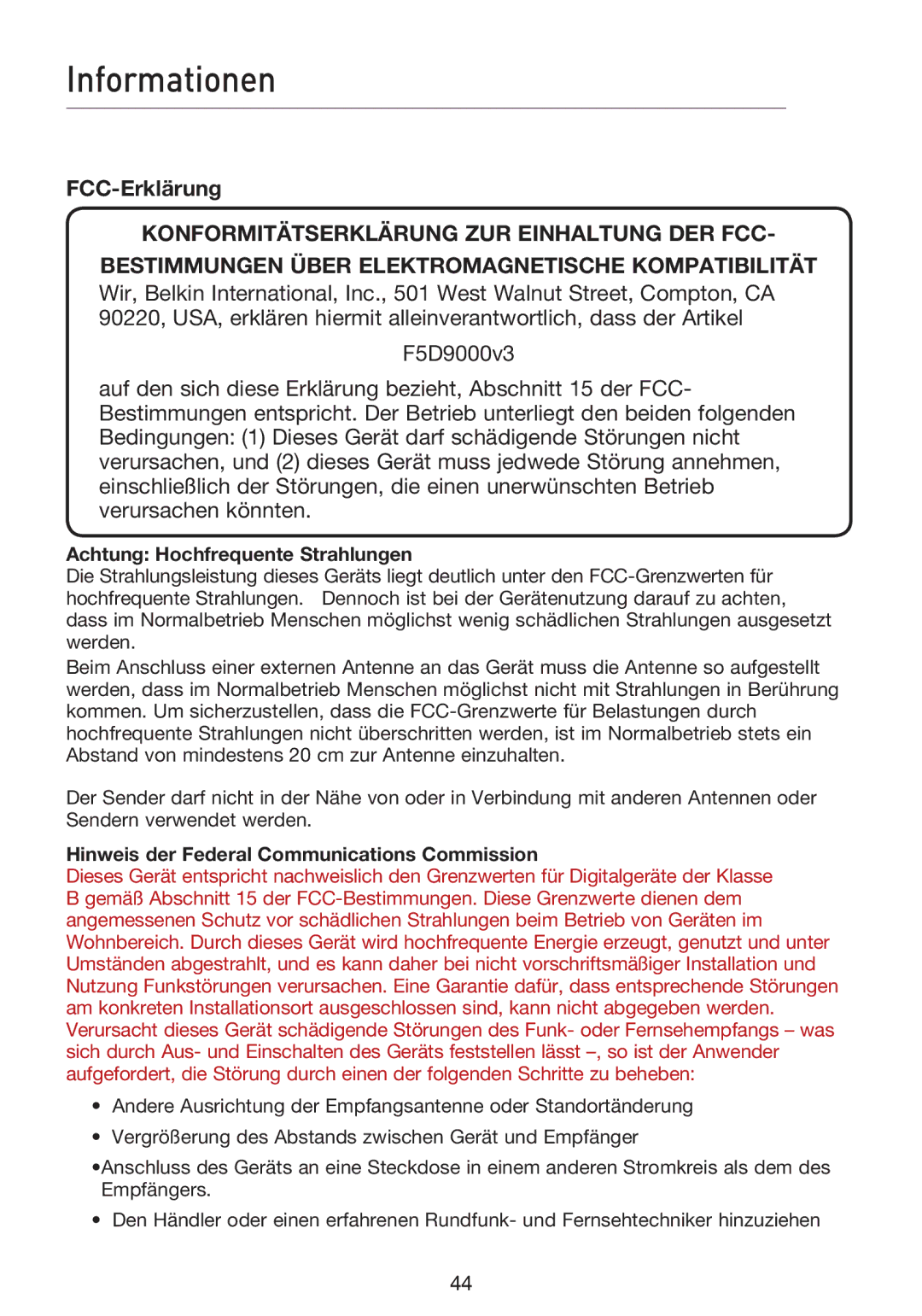 Belkin F5D9000 user manual Informationen, FCC-Erklärung, Achtung Hochfrequente Strahlungen 