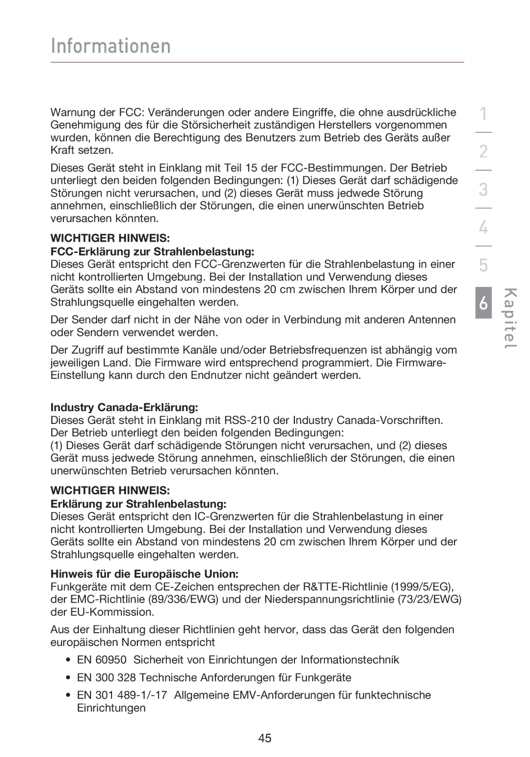 Belkin F5D9000 user manual Informationen, FCC-Erklärung zur Strahlenbelastung, Industry Canada-Erklärung 