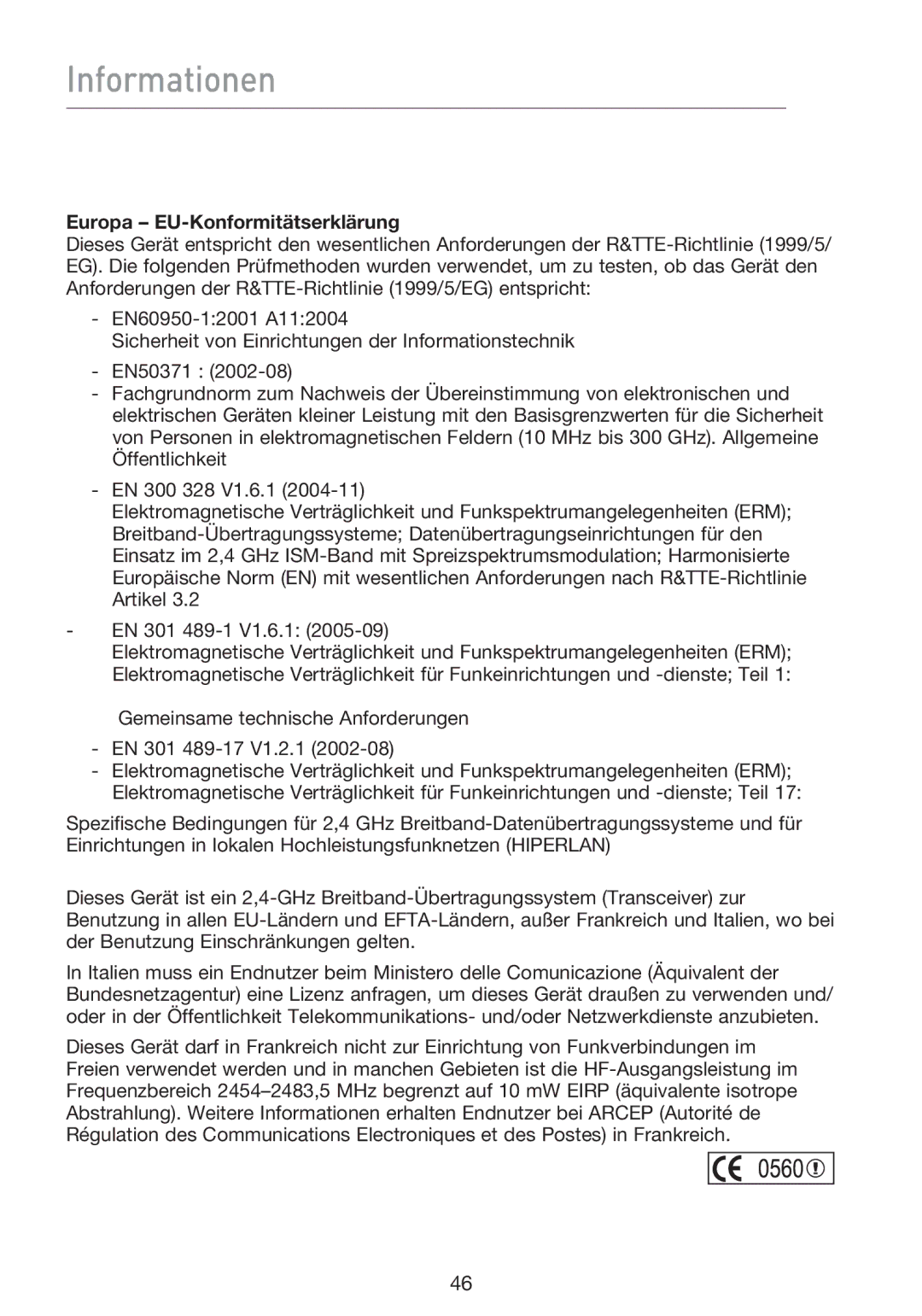 Belkin F5D9000 user manual Europa EU-Konformitätserklärung 