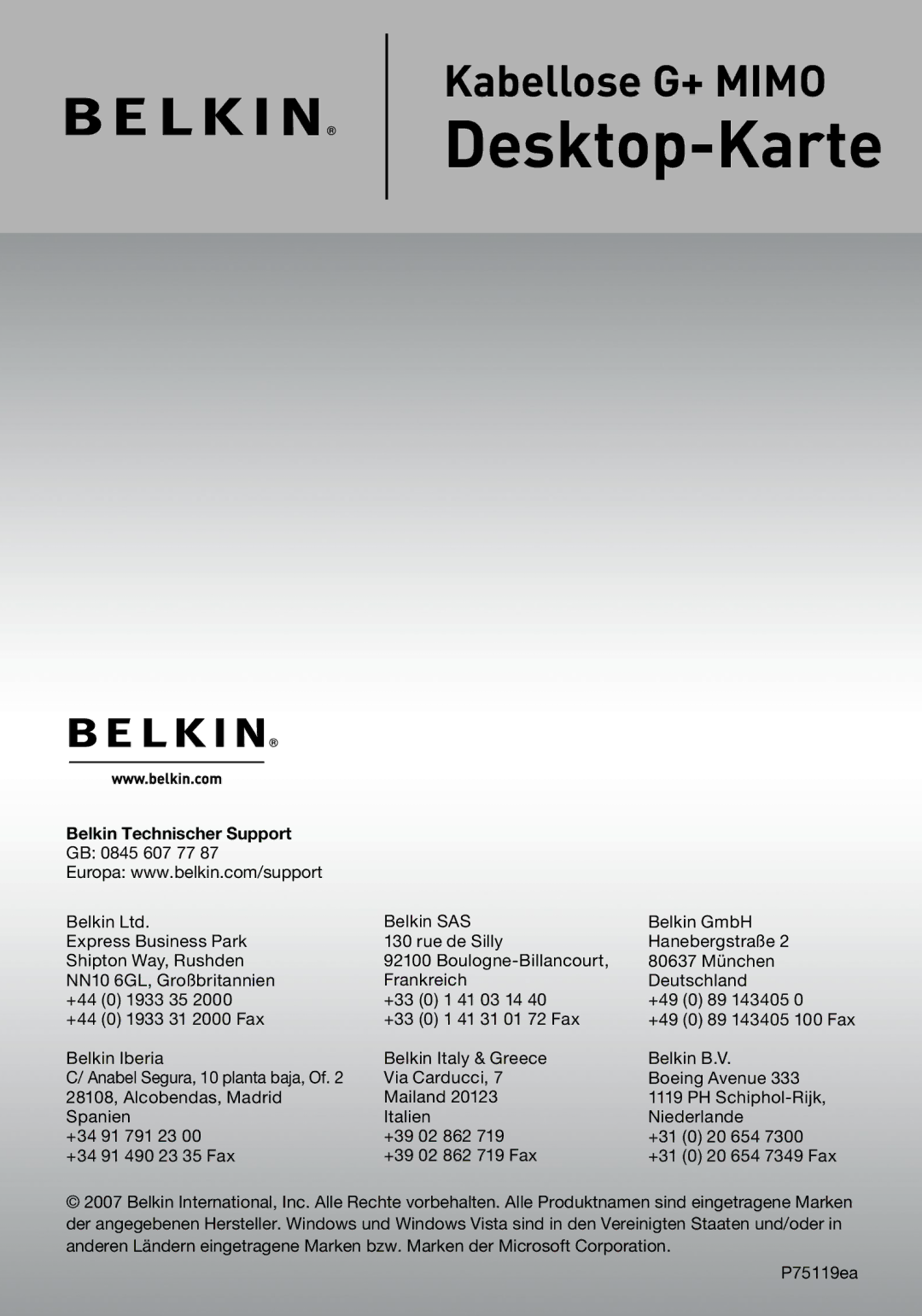 Belkin F5D9000 user manual Belkin Technischer Support 