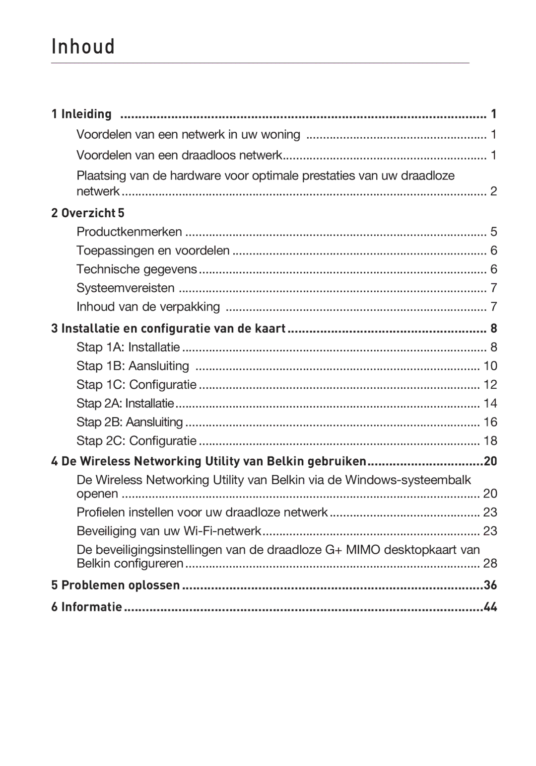 Belkin F5D9000 user manual Inhoud 