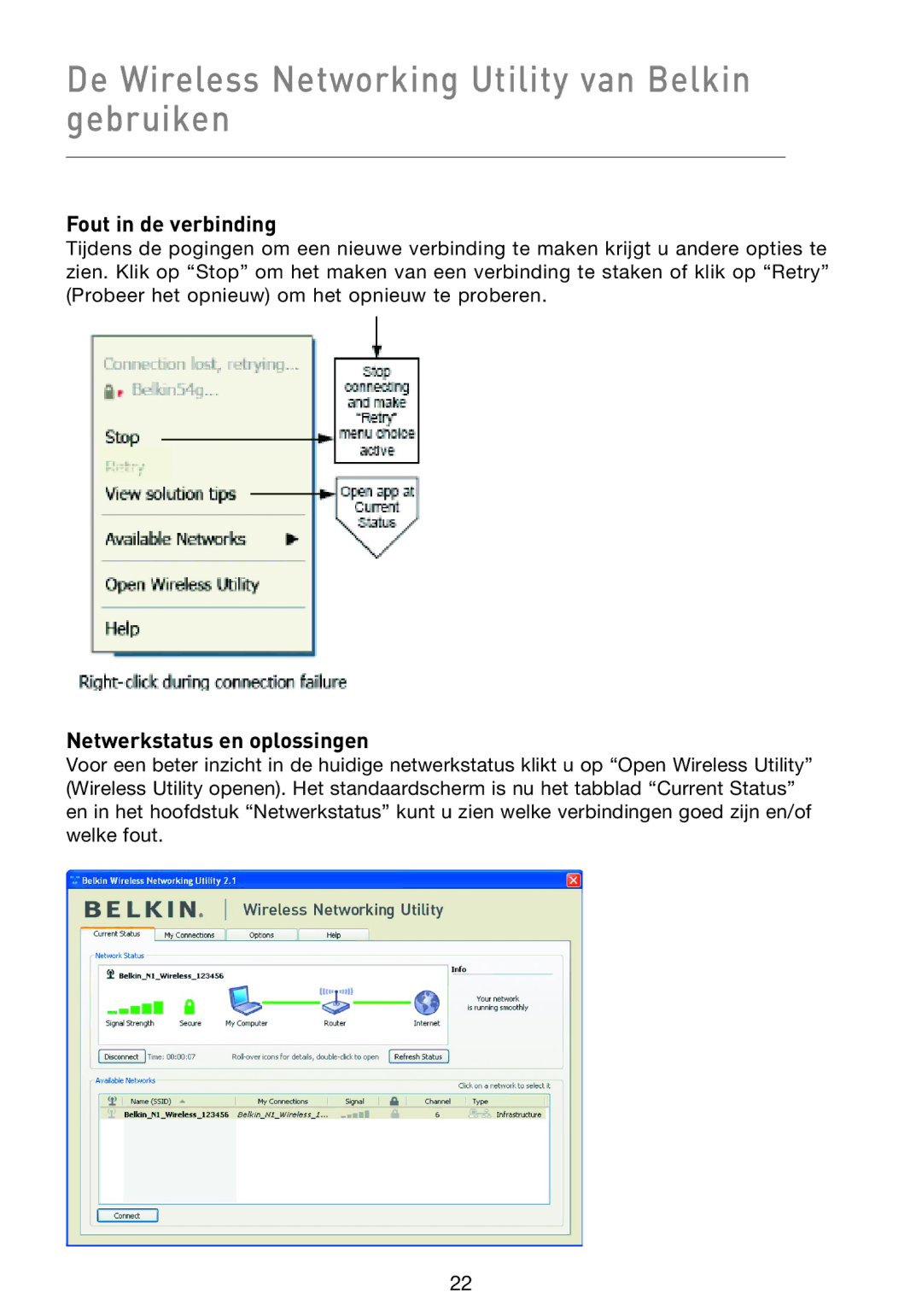 Belkin F5D9000 De Wireless Networking Utility van Belkin gebruiken, Fout in de verbinding, Netwerkstatus en oplossingen 