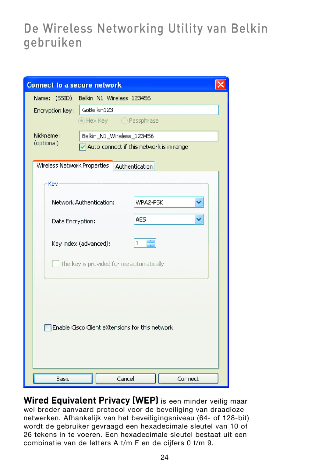 Belkin F5D9000 user manual Wired Equivalent Privacy WEP is een minder veilig maar 