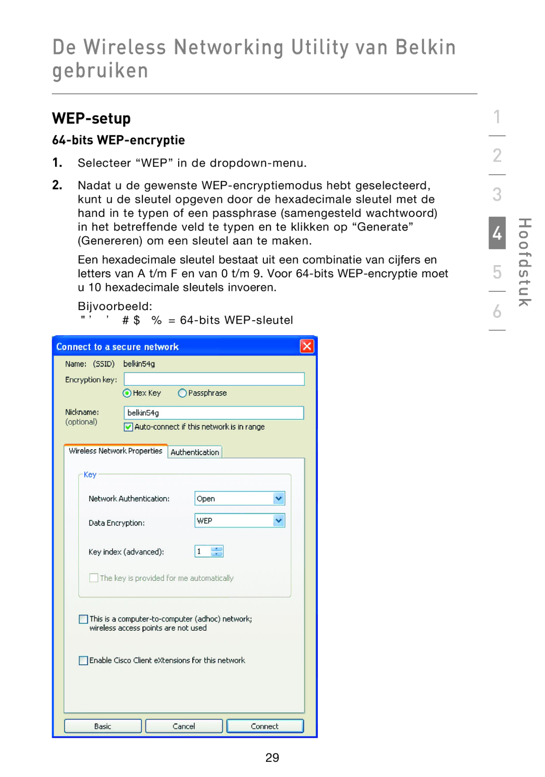 Belkin F5D9000 user manual WEP-setup, Bits WEP-encryptie 