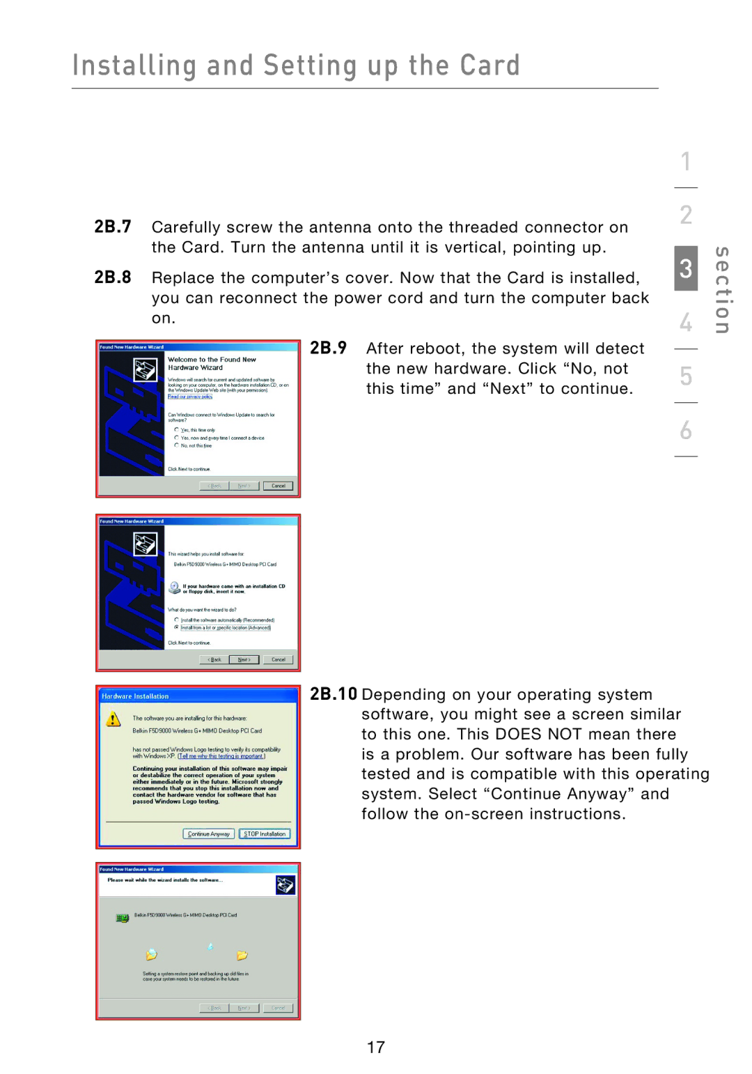 Belkin F5D9000 user manual Installing and Setting up the Card 