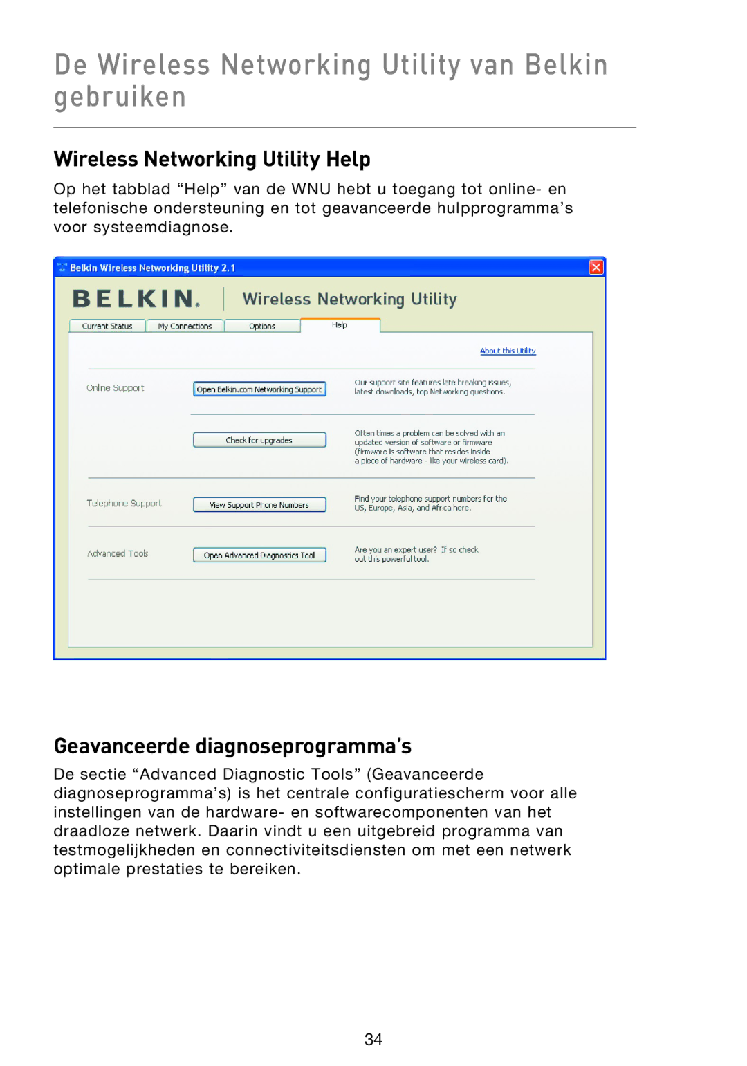 Belkin F5D9000 user manual Wireless Networking Utility Help, Geavanceerde diagnoseprogramma’s 