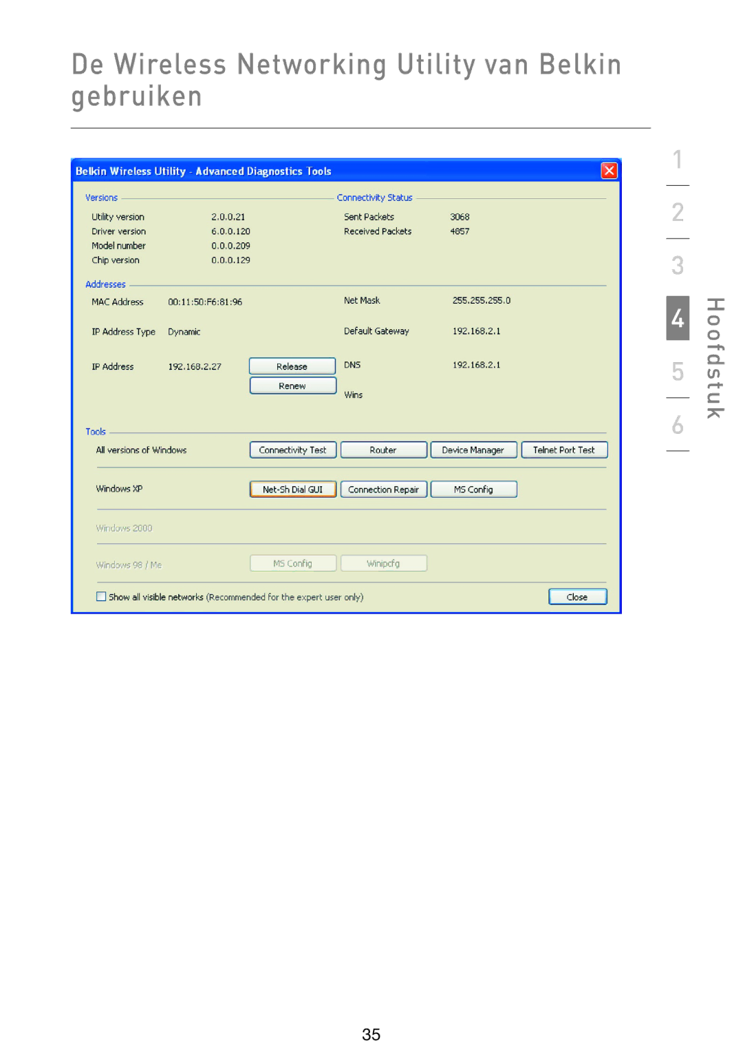 Belkin F5D9000 user manual De Wireless Networking Utility van Belkin gebruiken 