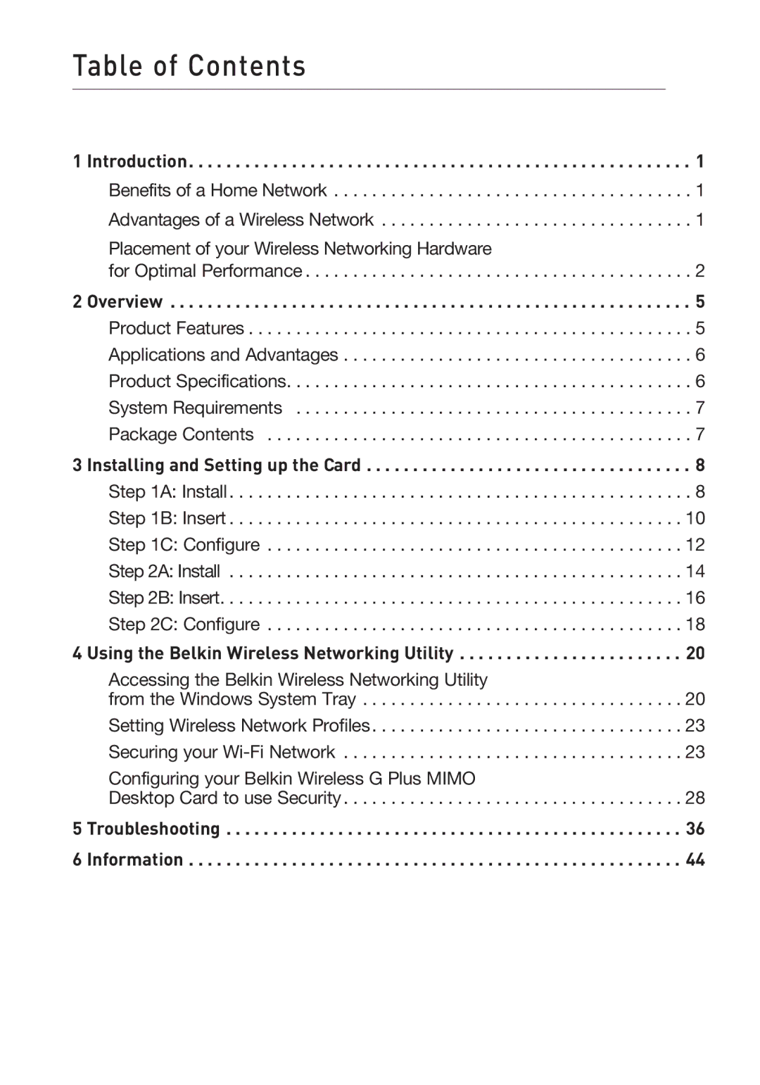 Belkin F5D9000 user manual Table of Contents 