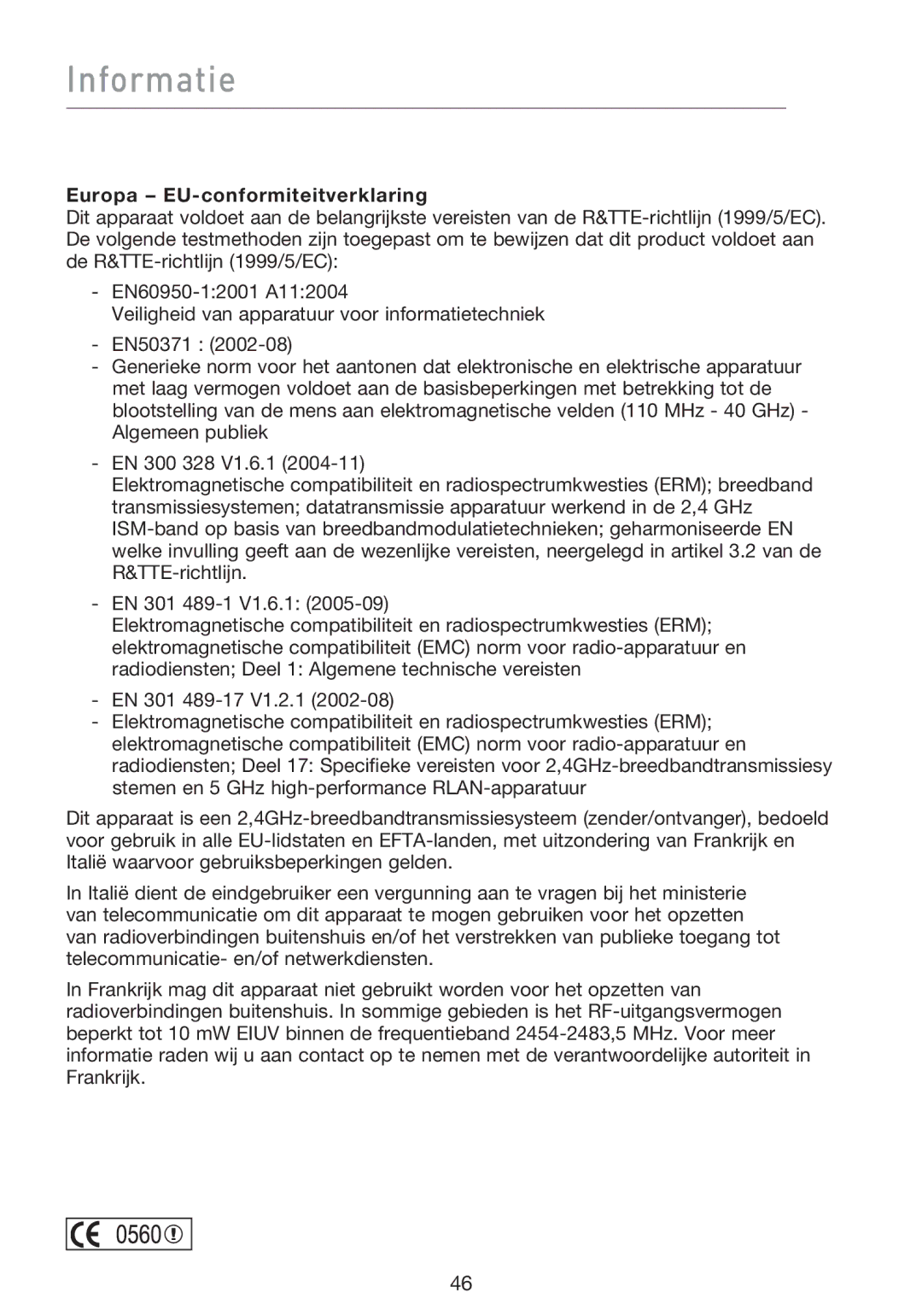 Belkin F5D9000 user manual Europa EU-conformiteitverklaring 