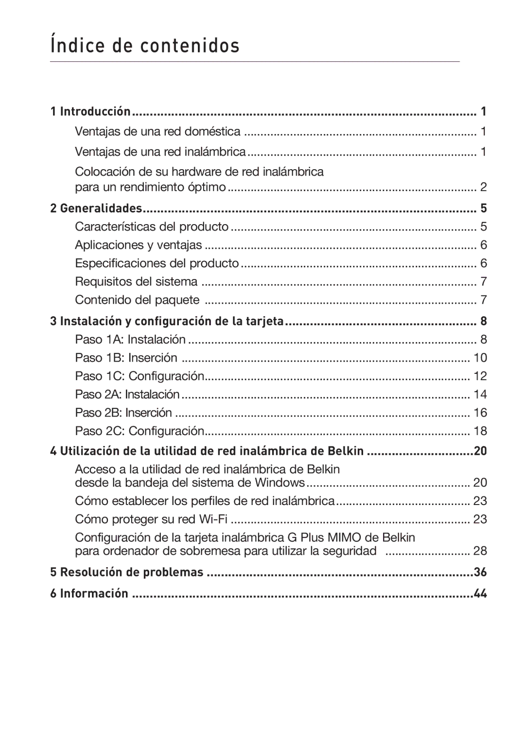 Belkin F5D9000 user manual Índice de contenidos 