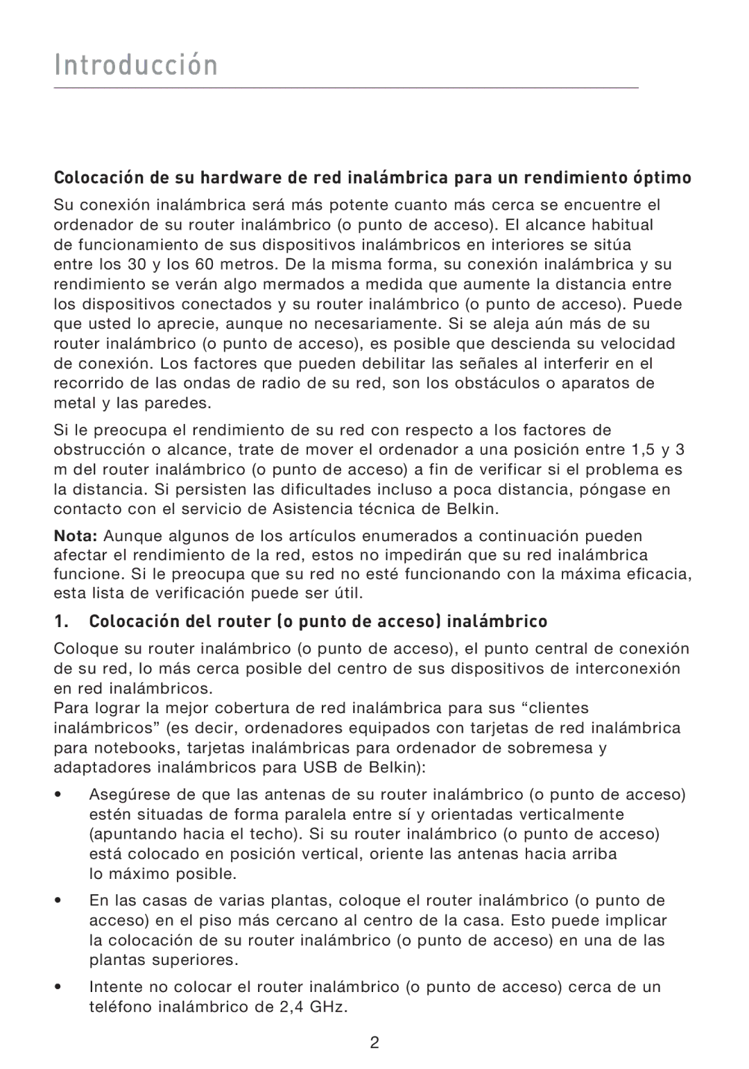 Belkin F5D9000 user manual Introducción, Colocación del router o punto de acceso inalámbrico 