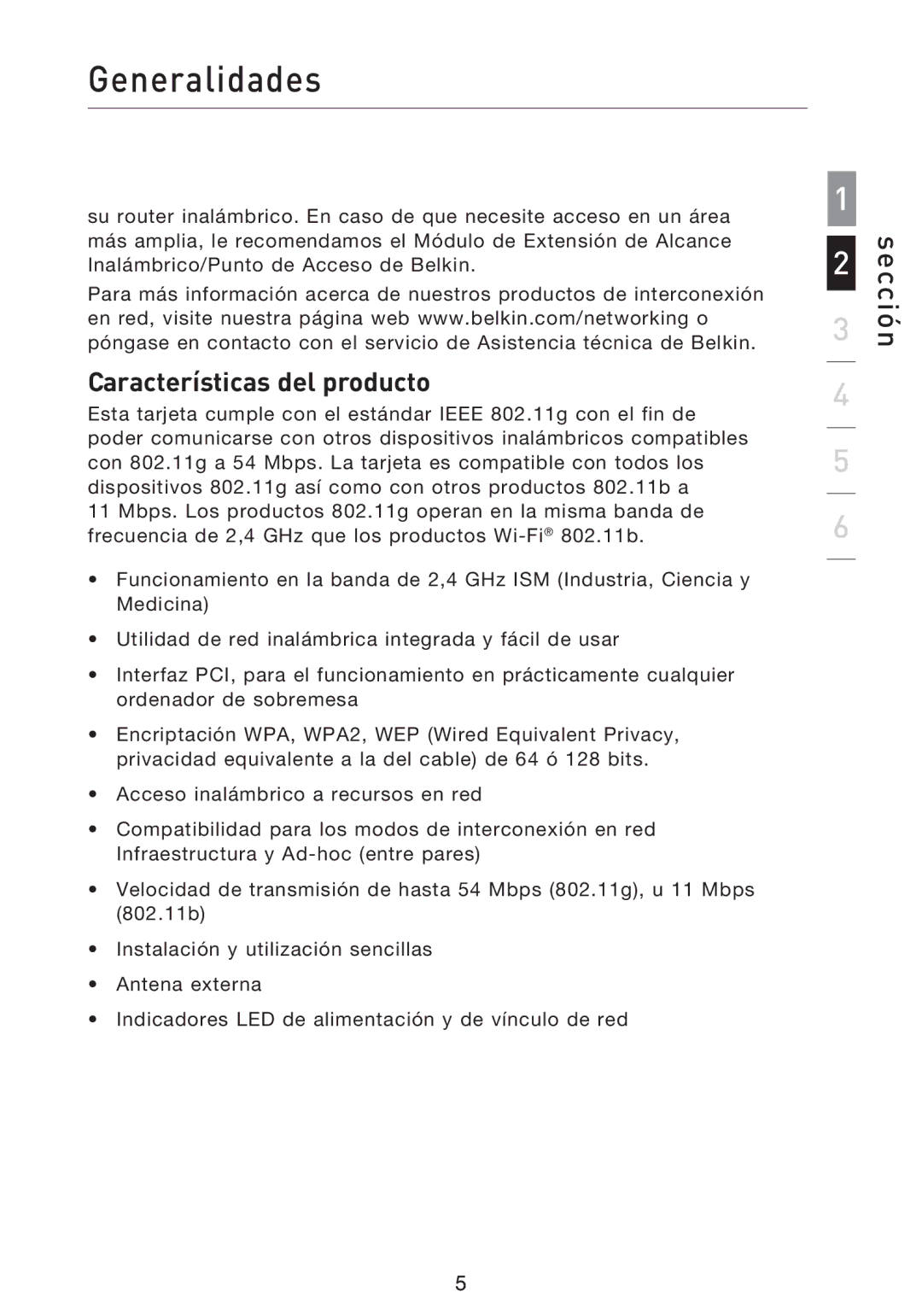 Belkin F5D9000 user manual Generalidades, Características del producto 