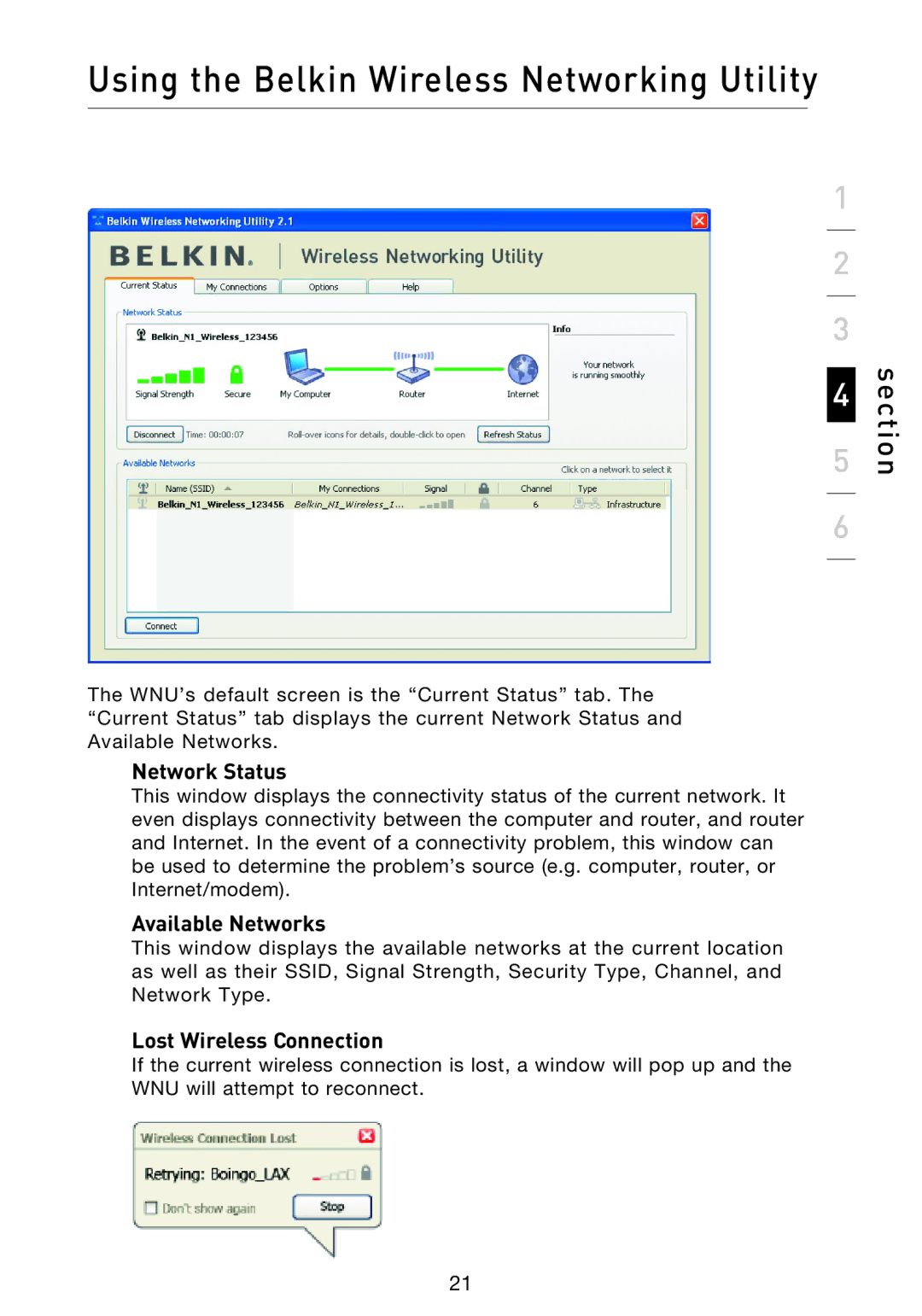 Belkin F5D9000 user manual Network Status, Available Networks, Lost Wireless Connection 