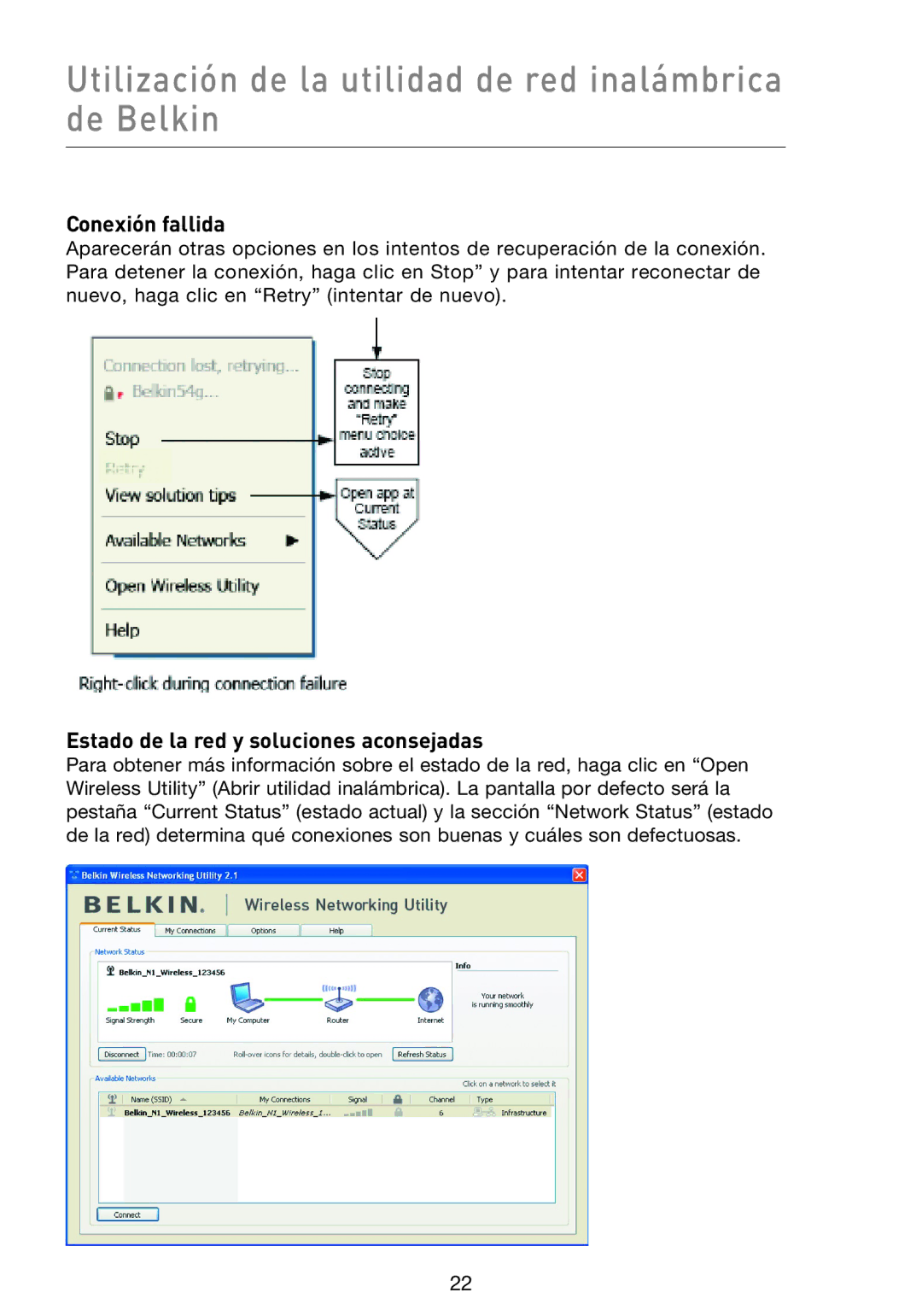 Belkin F5D9000 user manual Utilización de la utilidad de red inalámbrica de Belkin, Conexión fallida 