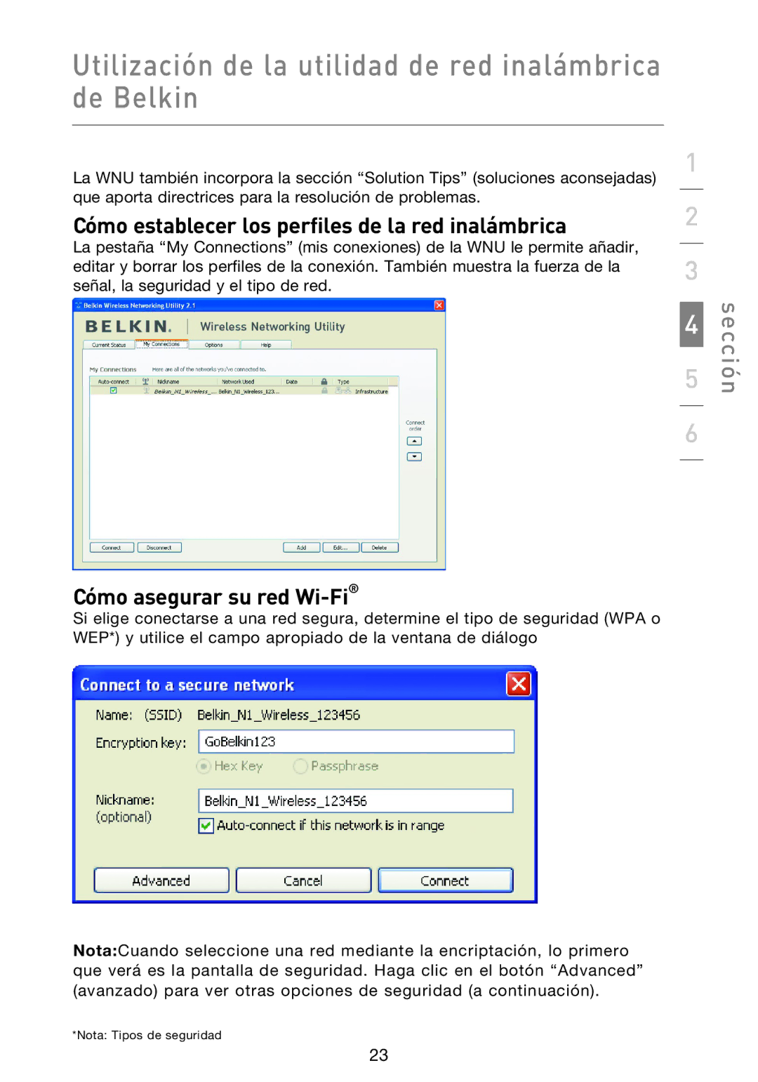 Belkin F5D9000 user manual Cómo establecer los perfiles de la red inalámbrica, Cómo asegurar su red Wi-Fi 