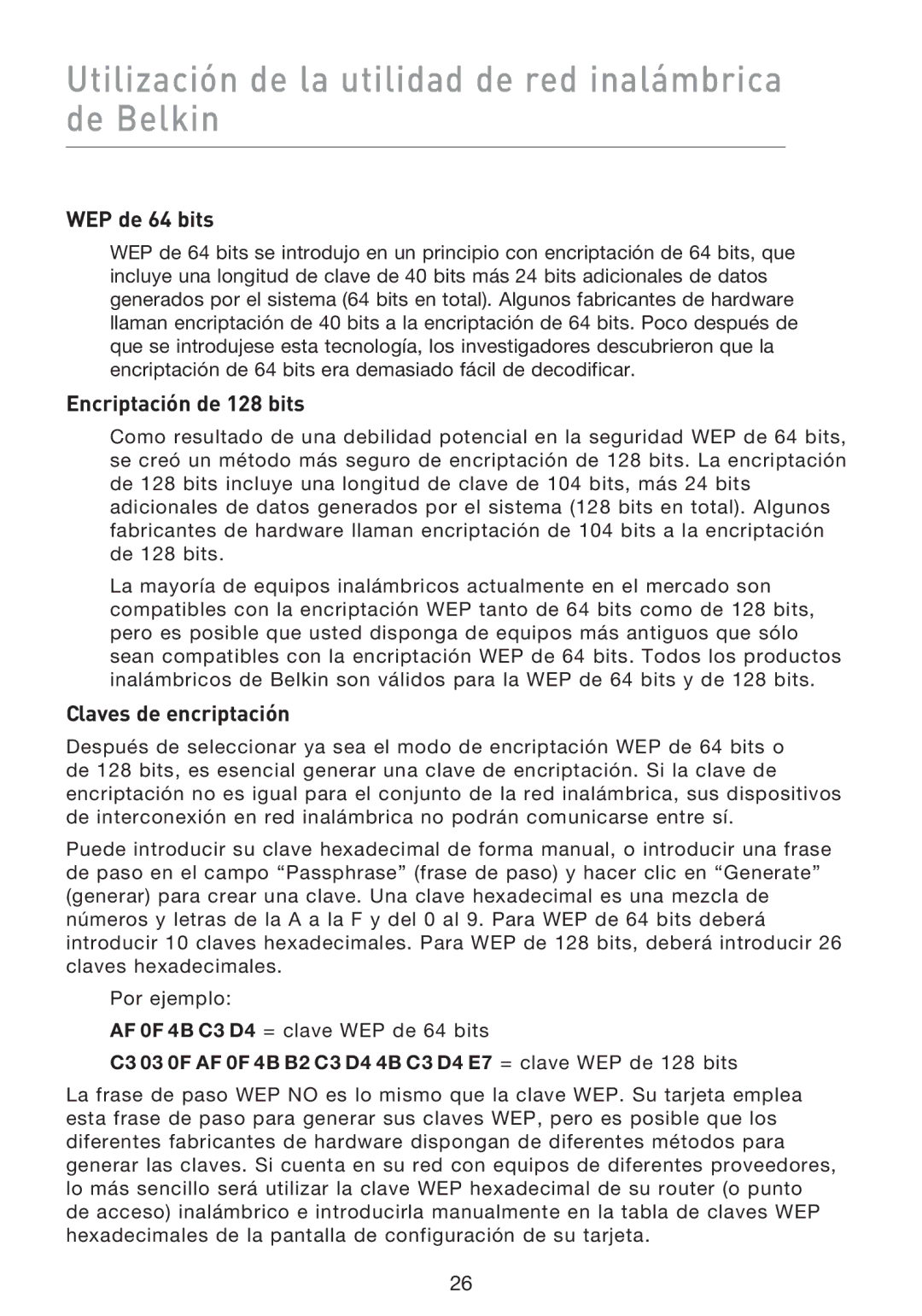 Belkin F5D9000 user manual WEP de 64 bits, Encriptación de 128 bits, Claves de encriptación 