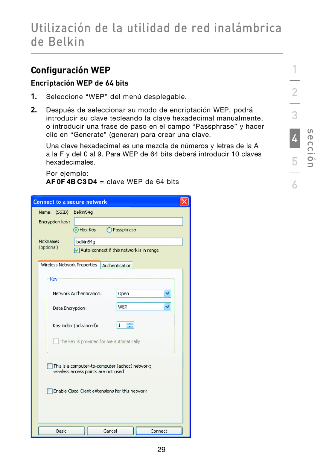 Belkin F5D9000 user manual Configuración WEP, Encriptación WEP de 64 bits 