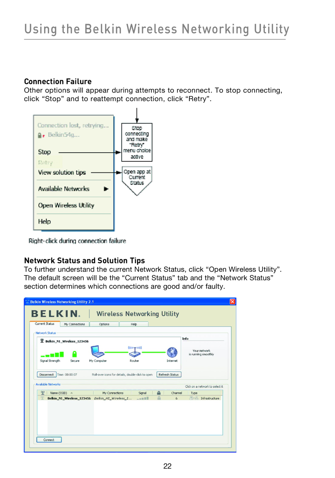 Belkin F5D9000 Using the Belkin Wireless Networking Utility, Connection Failure, Network Status and Solution Tips 