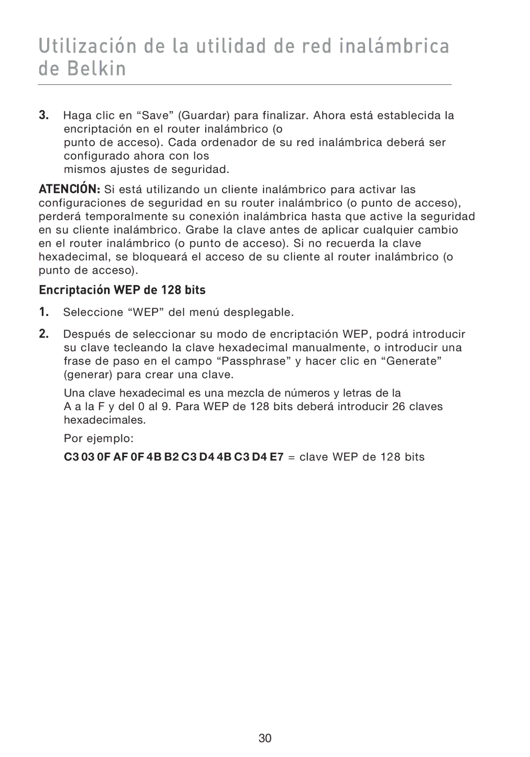 Belkin F5D9000 user manual Encriptación WEP de 128 bits 