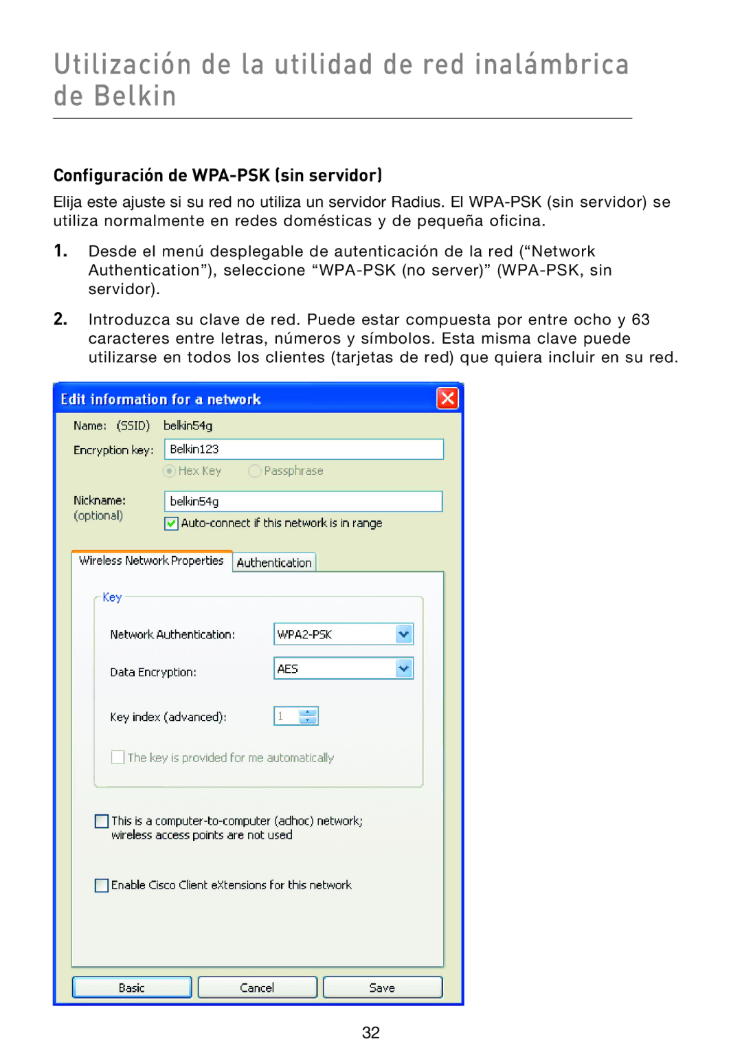 Belkin F5D9000 user manual Configuración de WPA-PSK sin servidor 