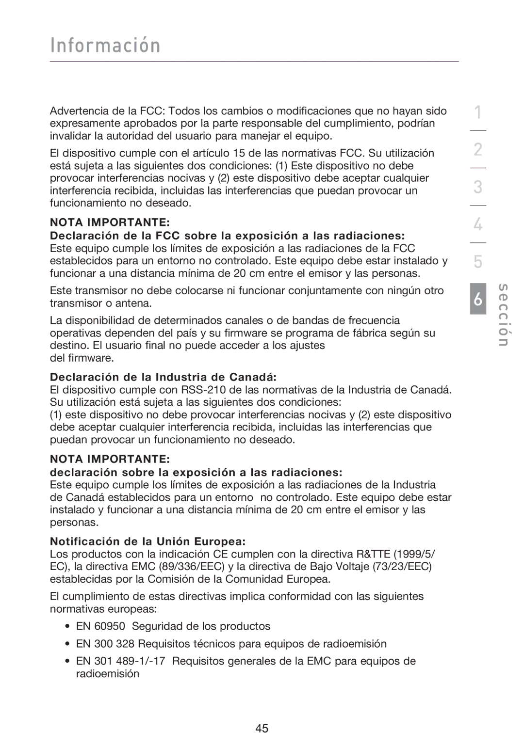 Belkin F5D9000 Información, Declaración de la Industria de Canadá, Declaración sobre la exposición a las radiaciones 