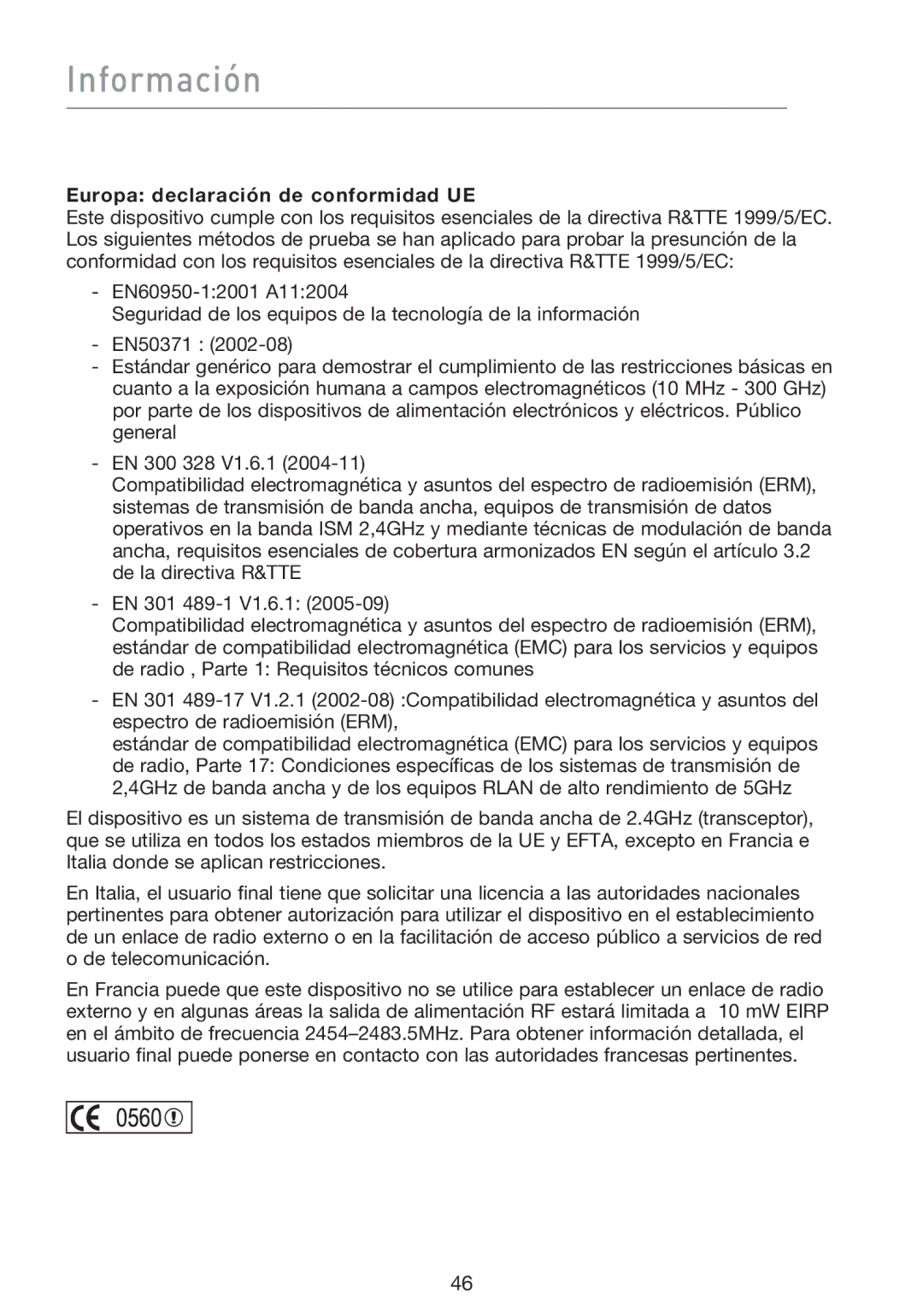 Belkin F5D9000 user manual Europa declaración de conformidad UE 