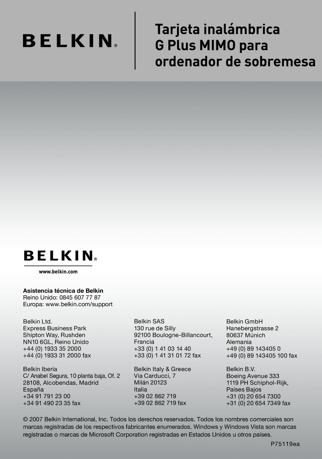 Belkin F5D9000 user manual Asistencia técnica de Belkin 