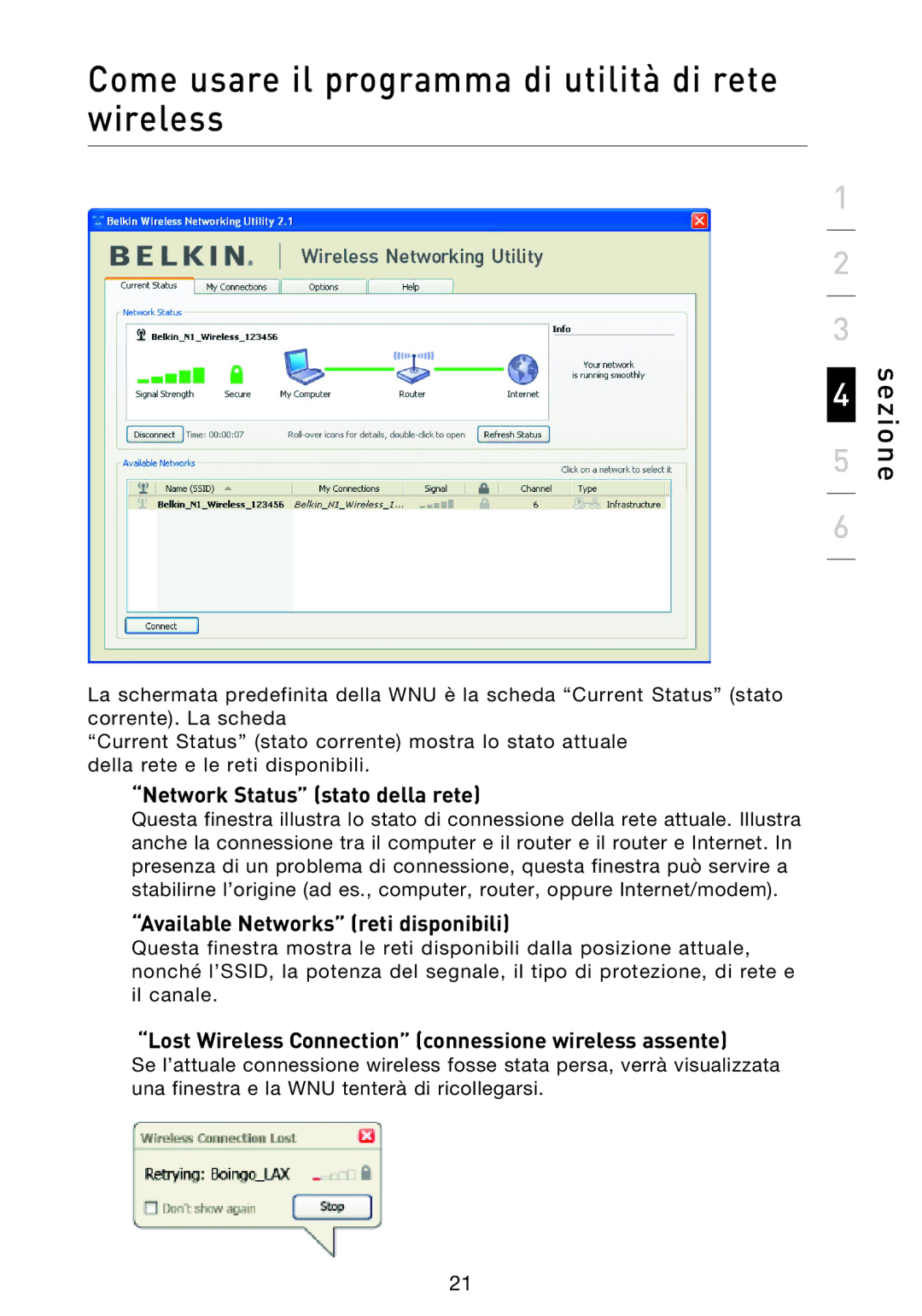 Belkin F5D9000 user manual Network Status stato della rete, Available Networks reti disponibili 