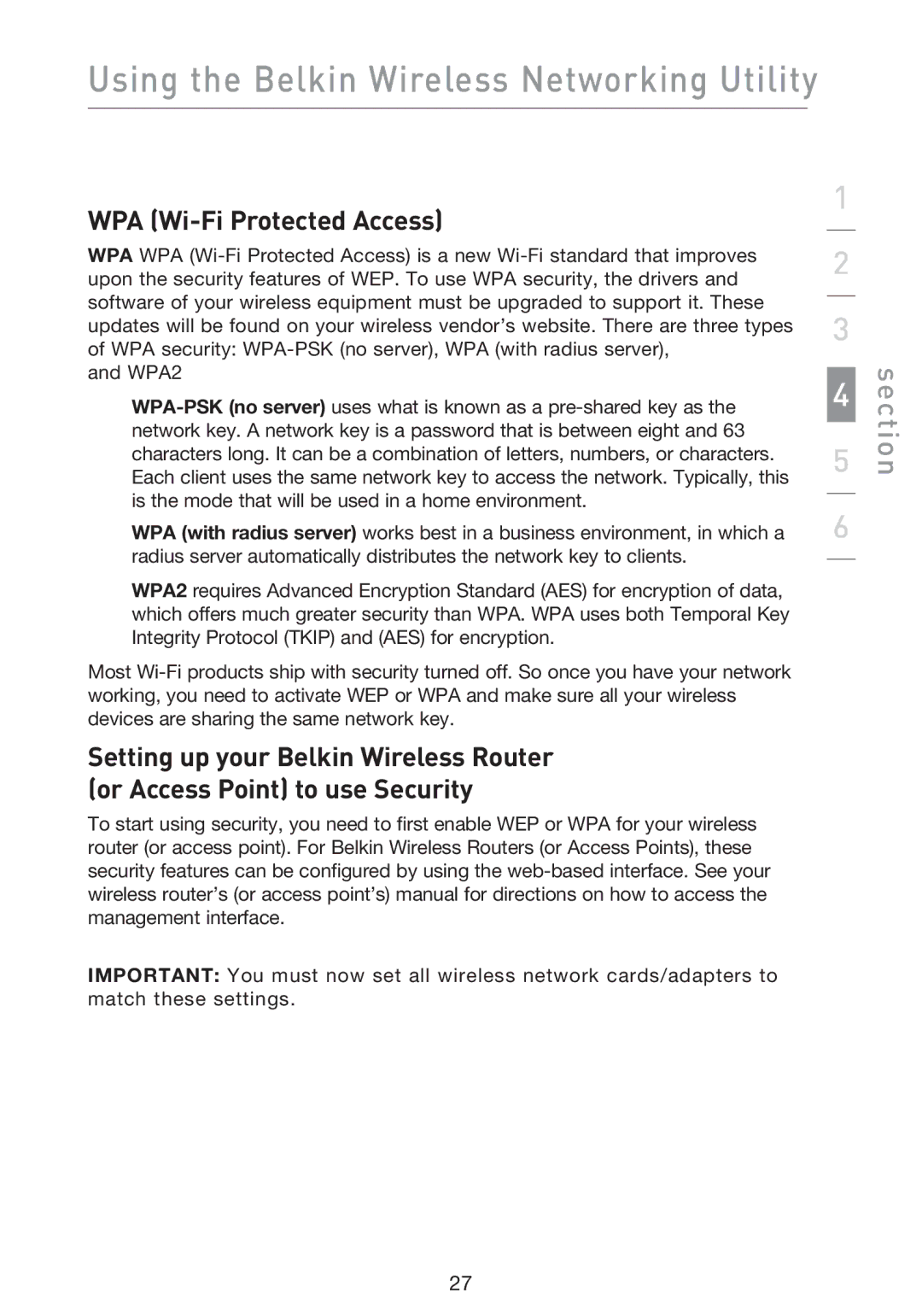 Belkin F5D9000 user manual WPA Wi-Fi Protected Access 