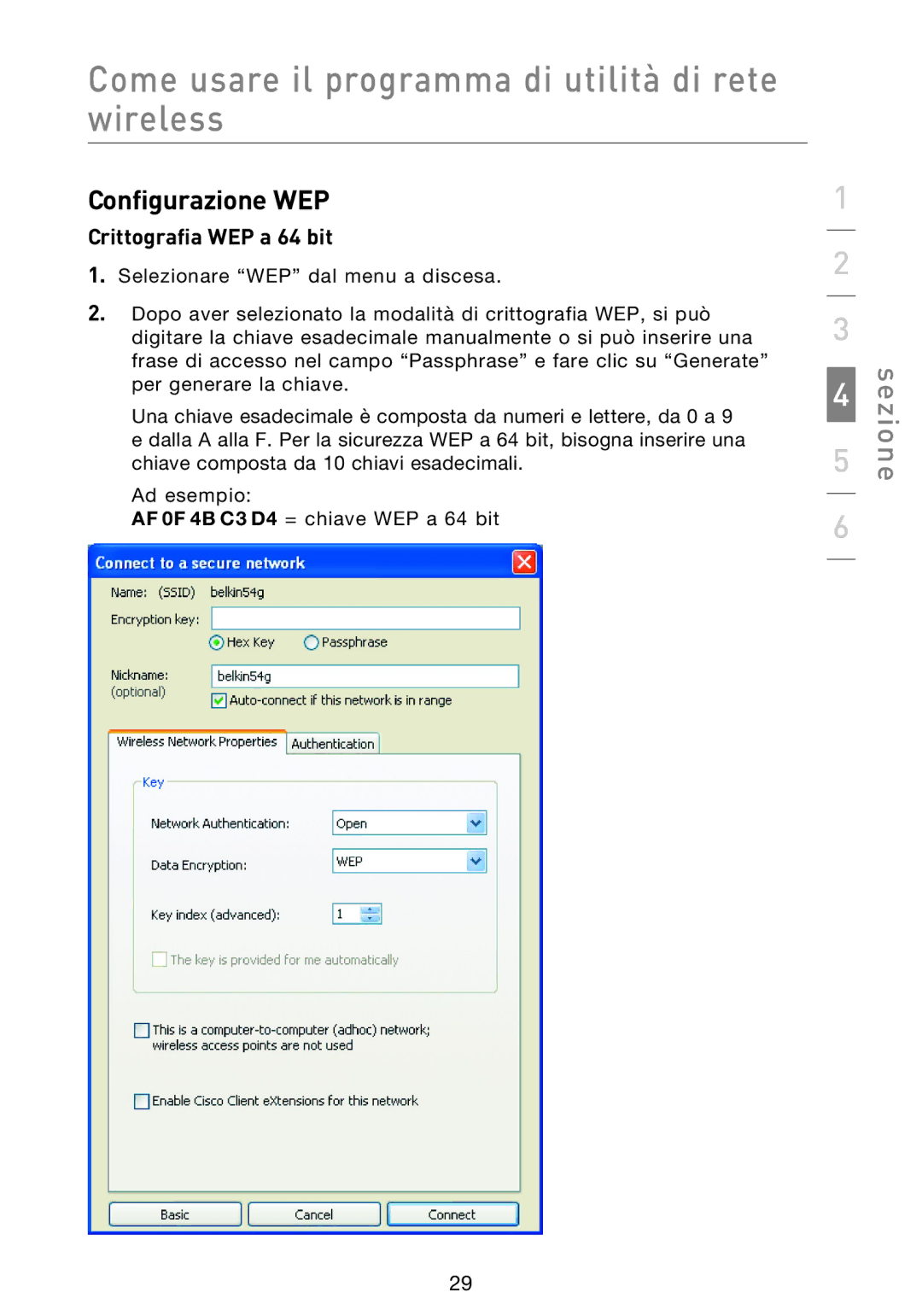 Belkin F5D9000 user manual Configurazione WEP, Crittografia WEP a 64 bit 