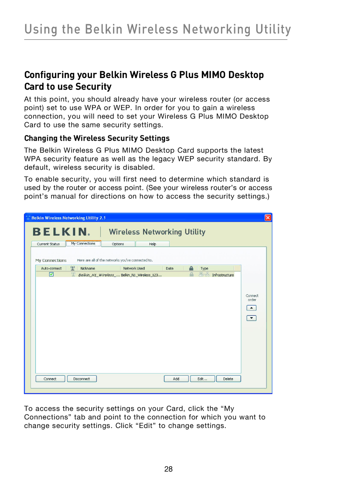 Belkin F5D9000 user manual Changing the Wireless Security Settings 