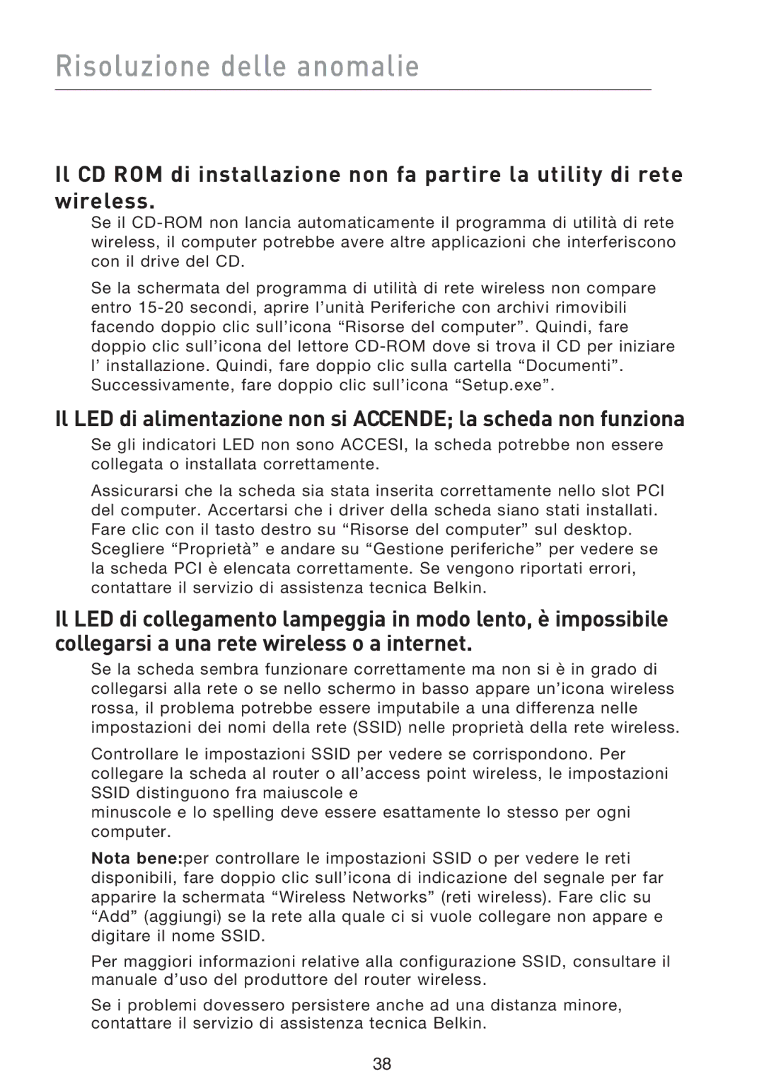 Belkin F5D9000 user manual Risoluzione delle anomalie 