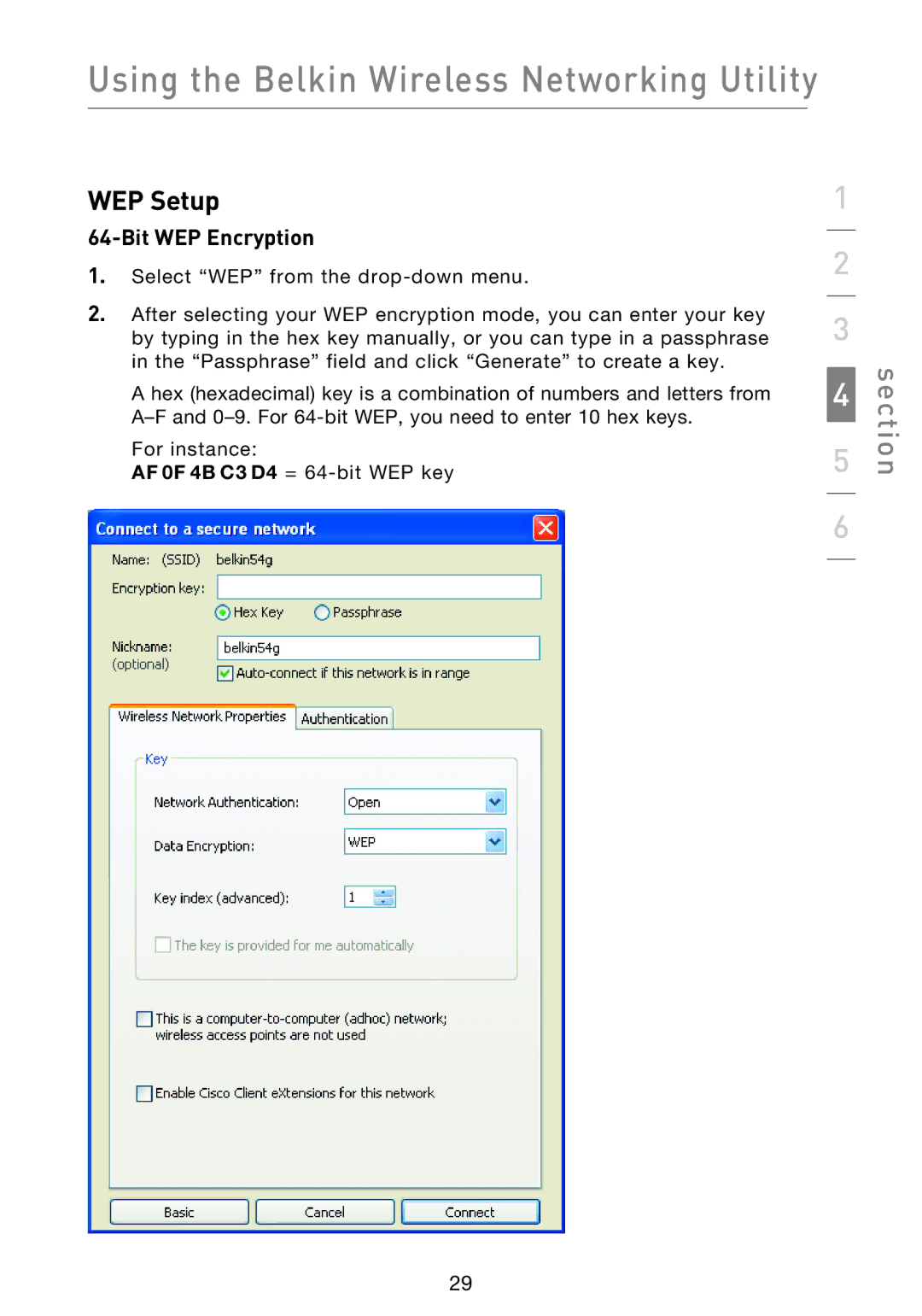 Belkin F5D9000 user manual WEP Setup, Bit WEP Encryption 