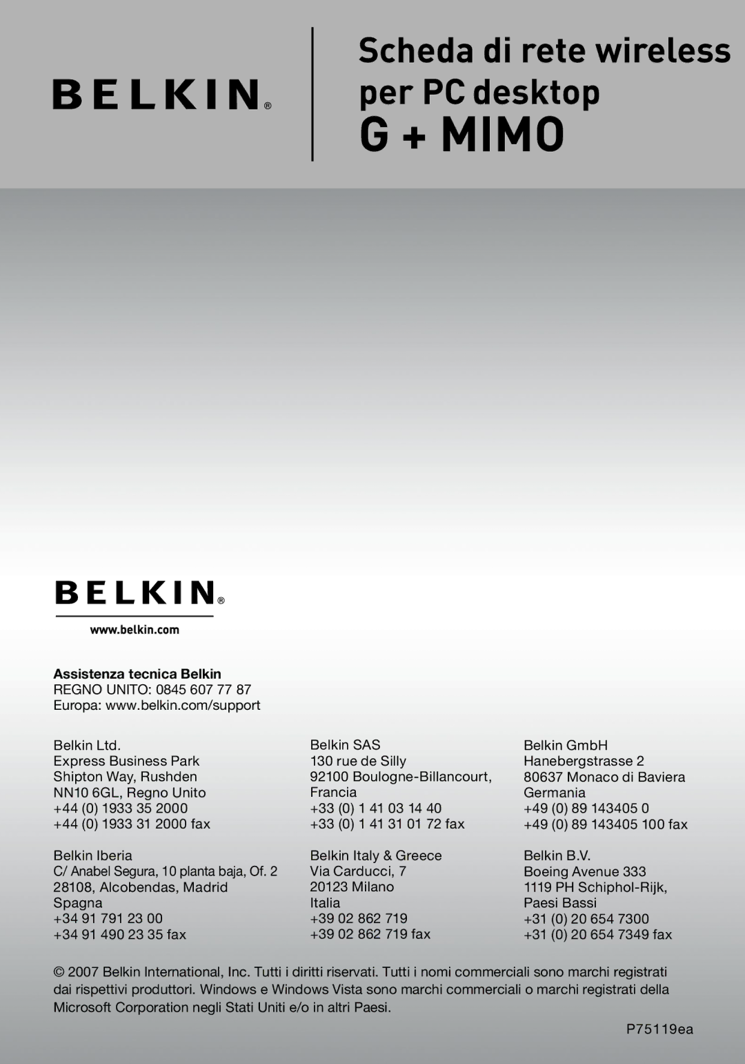 Belkin F5D9000 user manual Assistenza tecnica Belkin 